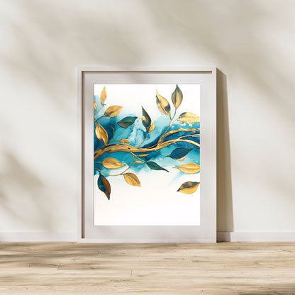 Petrol and Gold Wall Art Set of 3 Prints Abstract Petrol Design on White Background and Golden Leaves Living Room Decor Paper Poster Prints