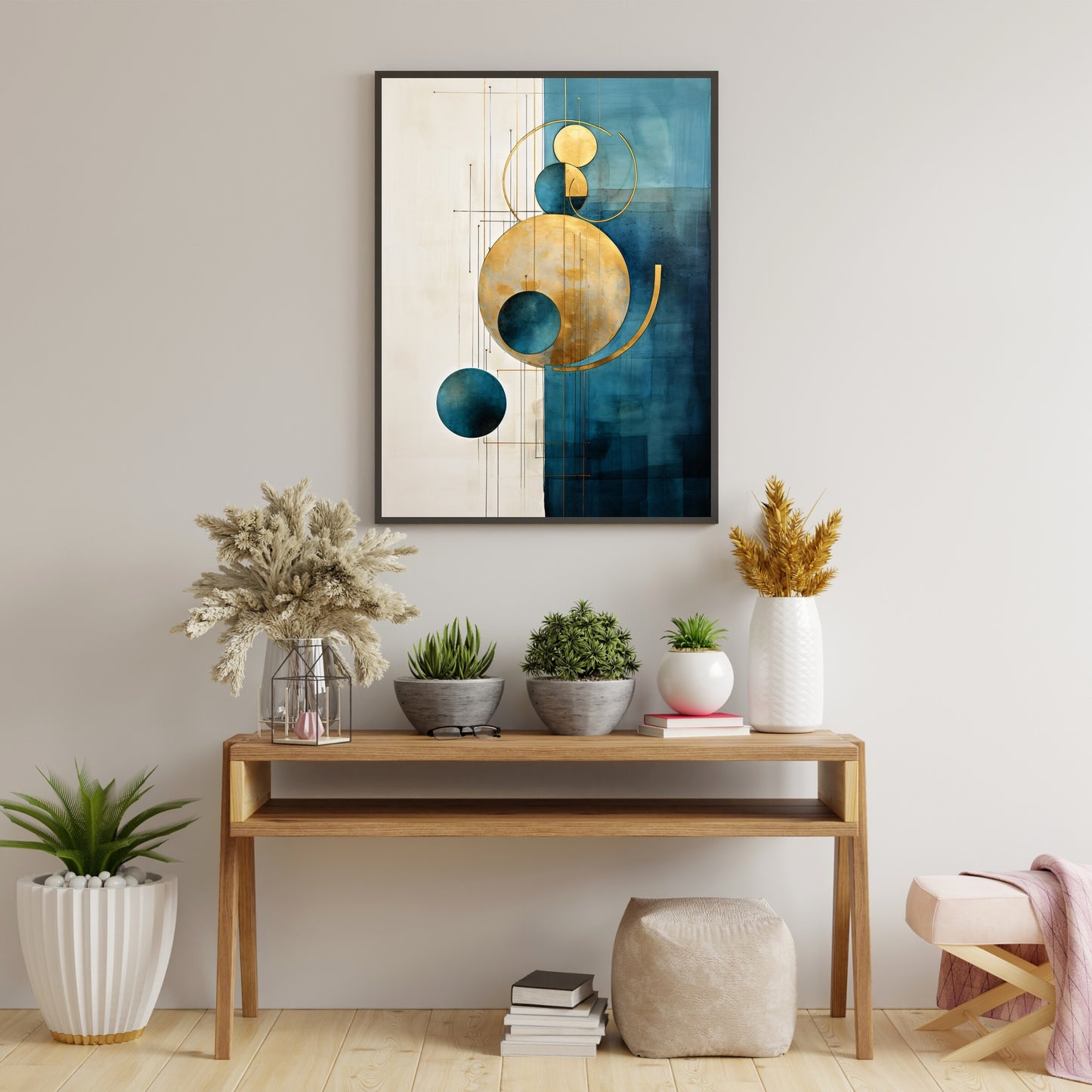 Wandkunst-Set in Petrol und Gold, 3er-Set, abstraktes Petrol-Design mit goldenen runden Formen, Wohnzimmer-Dekoration, Papier-Posterdrucke, minimalistische Kunst