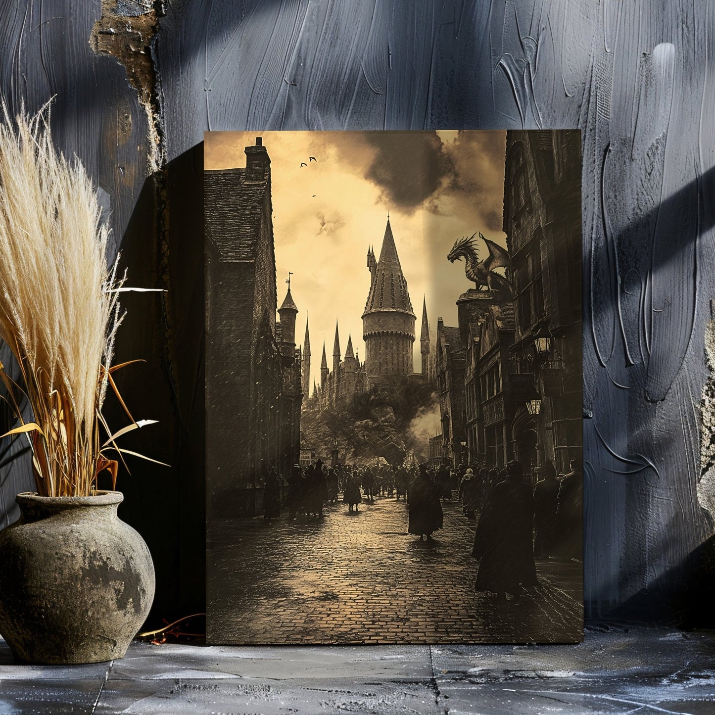 Enchanted Wizard School Street Canvas Print - Sepia Magic Castle Art