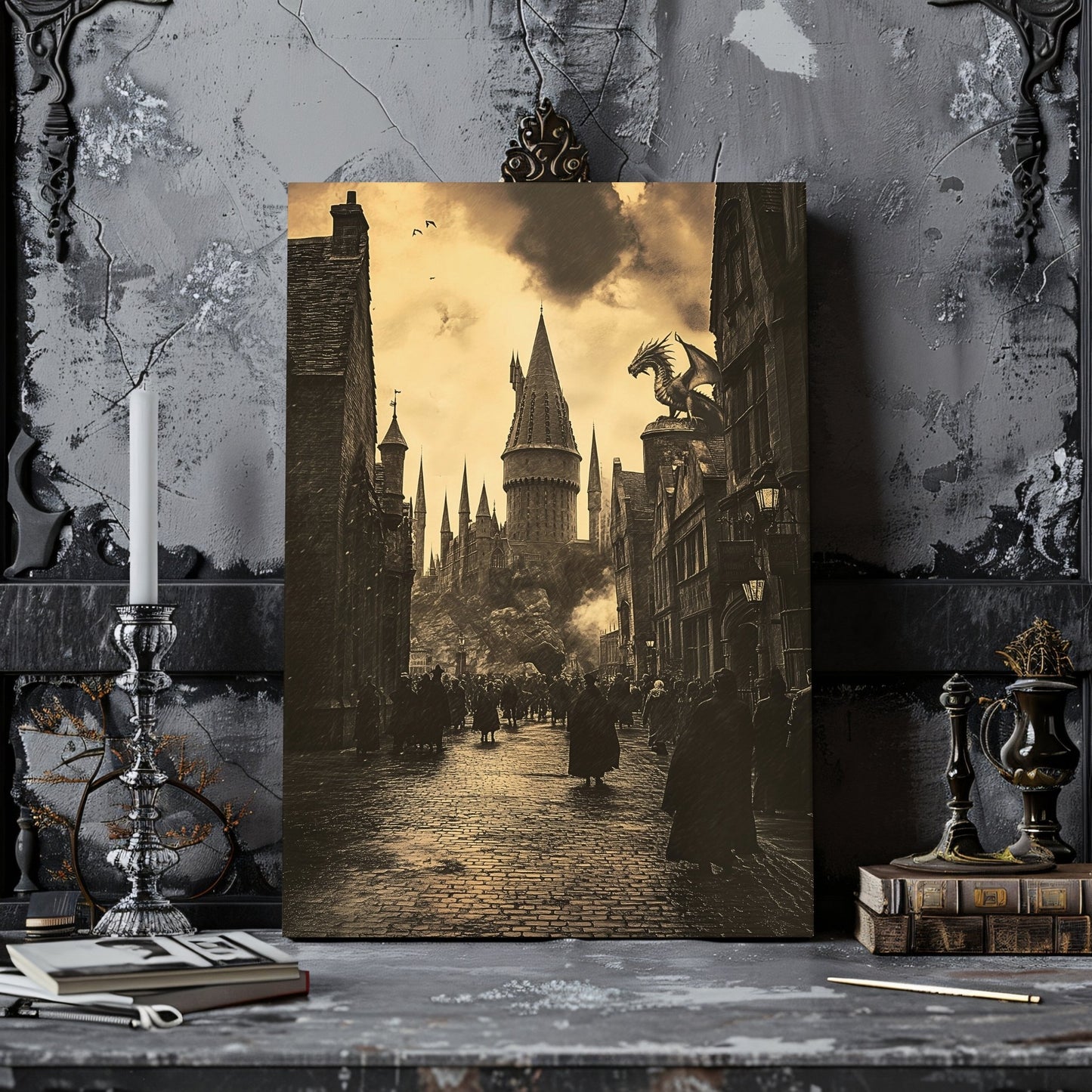 Enchanted Wizard School Street Canvas Print - Sepia Magic Castle Art