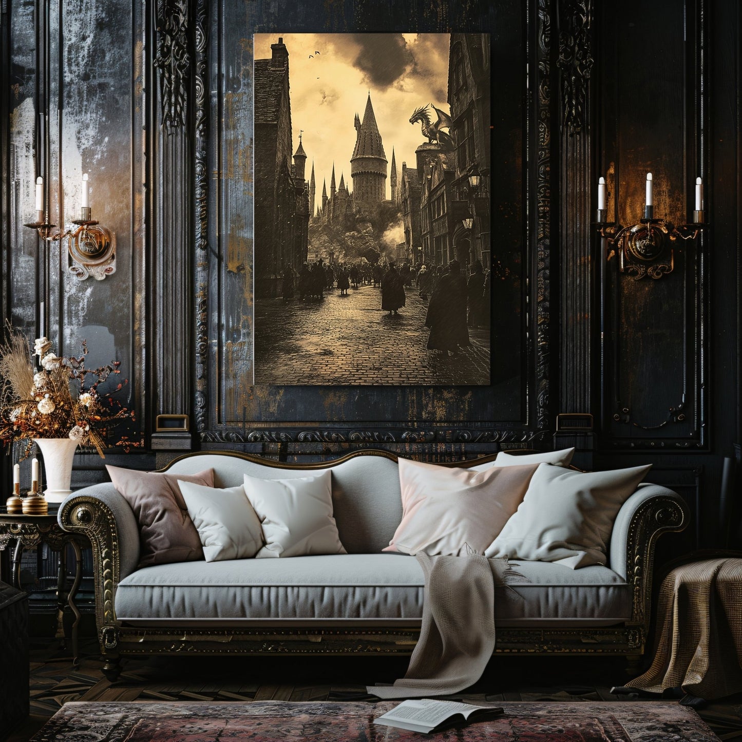 Enchanted Wizard School Street Canvas Print - Sepia Magic Castle Art