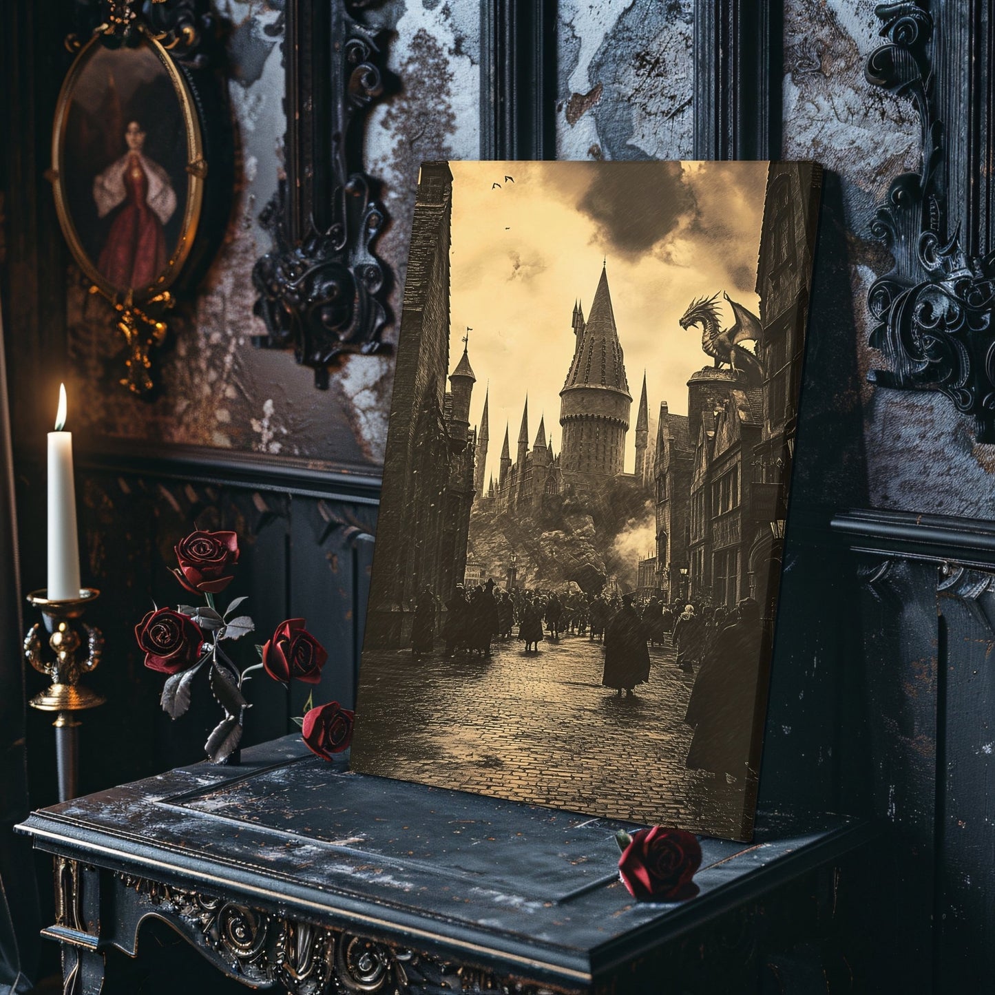 Enchanted Wizard School Street Canvas Print - Sepia Magic Castle Art