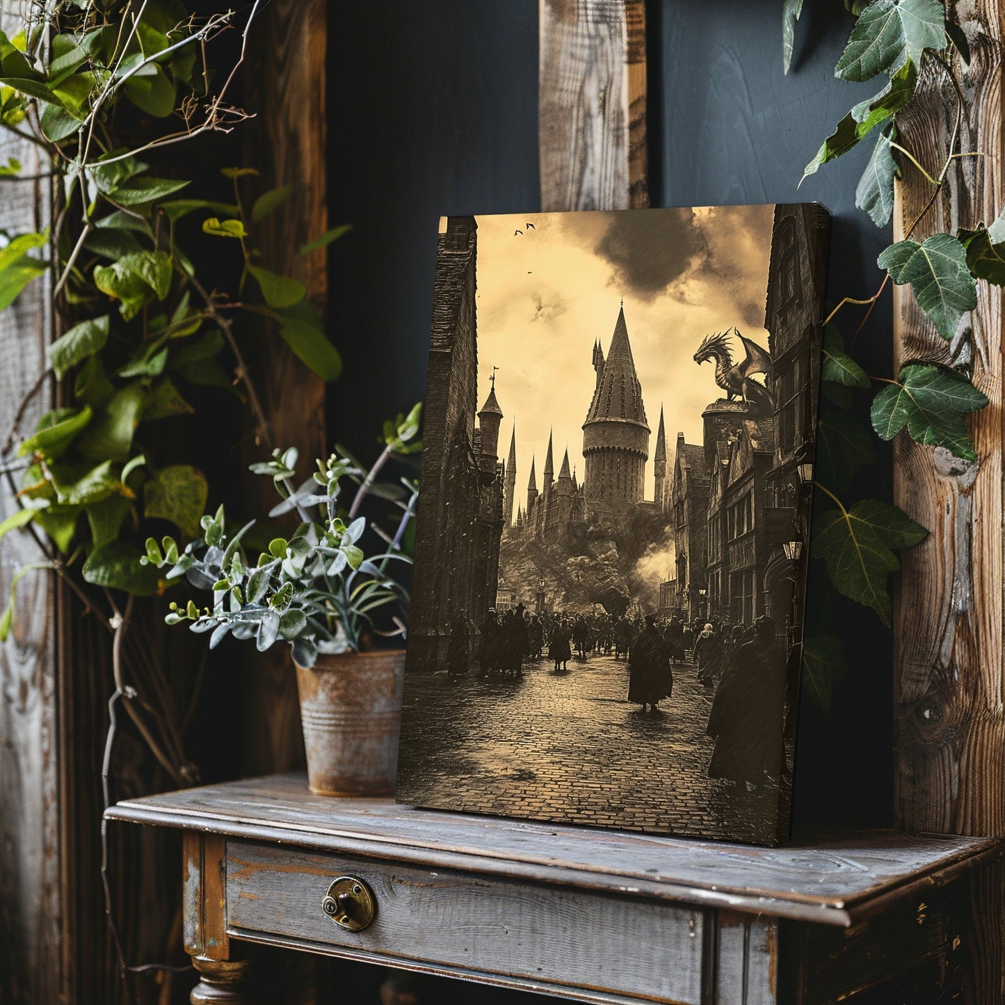 Enchanted Wizard School Street Canvas Print - Sepia Magic Castle Art