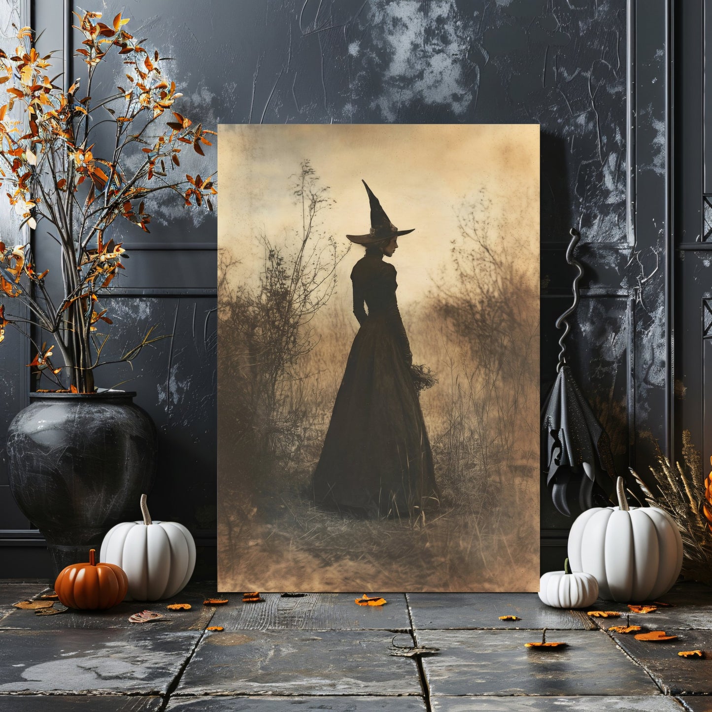 Enchanted Witch Canvas Print - Sepia Gothic with Bare Branches in Misty Scene