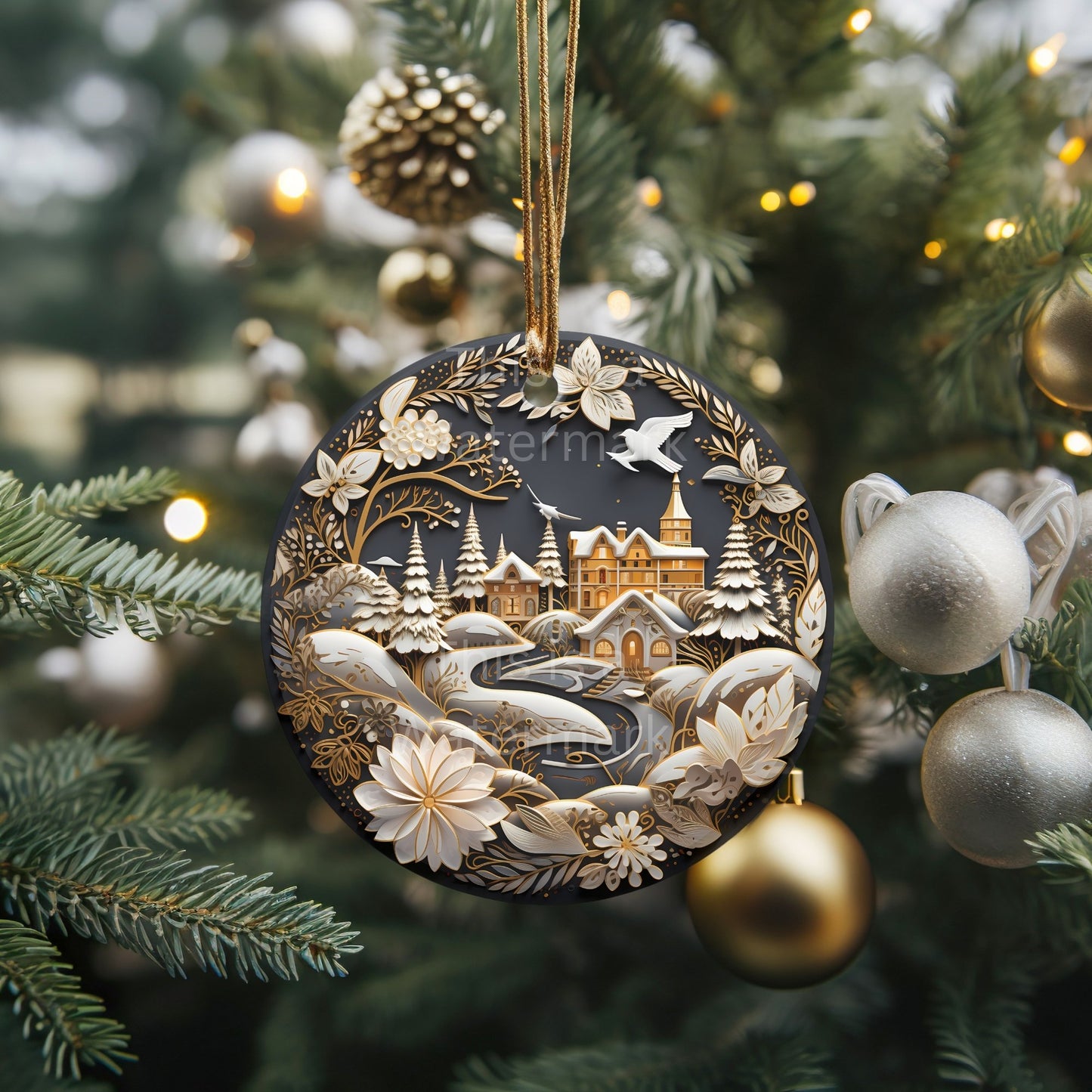 3D-Gold-Weihnachtsschmuck, 20 PNG-Bundle, Sublimationsdesign, festliche runde Aufkleber, stilvoller 3D-Effekt, runde Weihnachtsdekoration, Cliparts