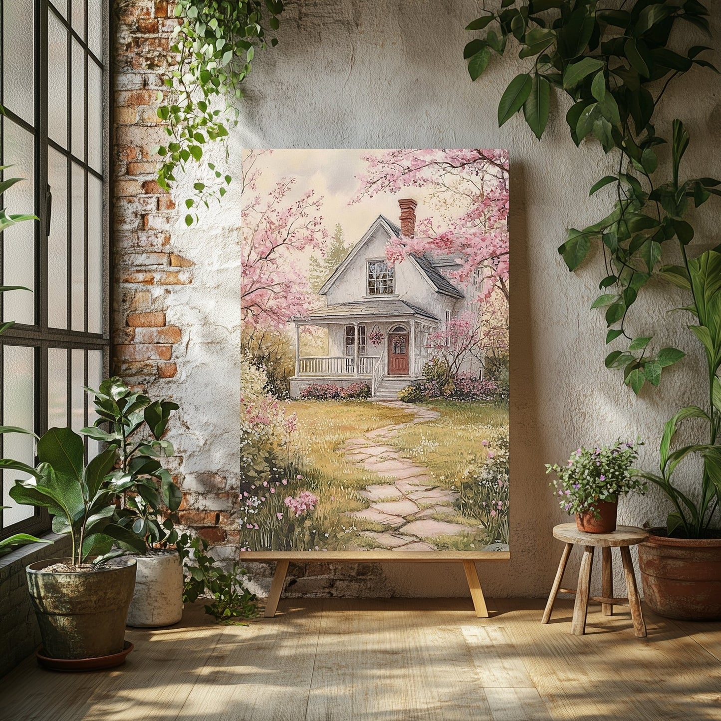 Cottage Garden Canvas Print – White Cottage Surrounded by Blooming Flowers for Rustic Spring Decor