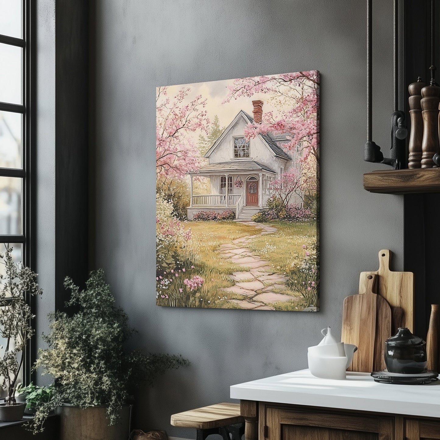 Cottage Garden Canvas Print – White Cottage Surrounded by Blooming Flowers for Rustic Spring Decor