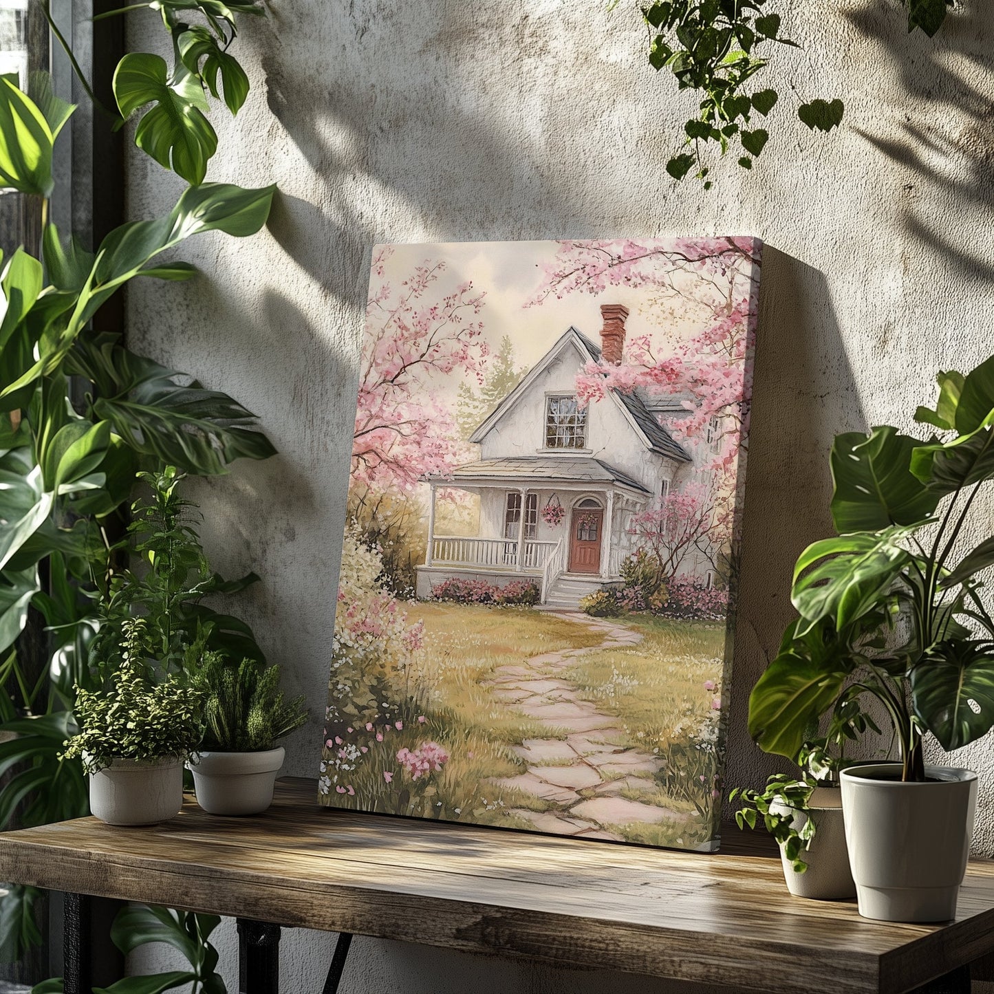 Cottage Garden Canvas Print – White Cottage Surrounded by Blooming Flowers for Rustic Spring Decor