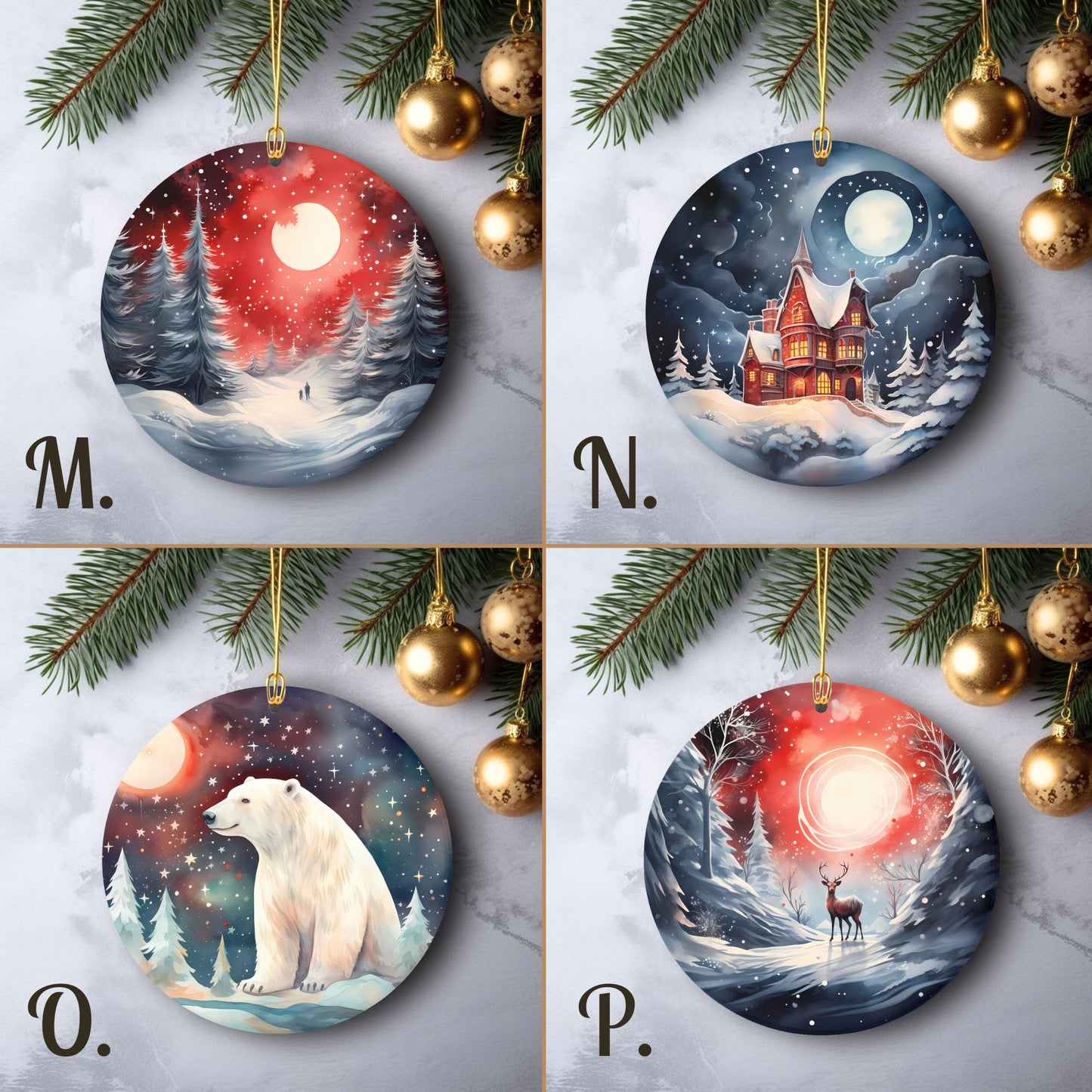 Watercolor Christmas Ornaments Set of 20 Round Ceramic Ornaments with Vivid Classic Xmas Designs Festive Christmas Tree Decoration