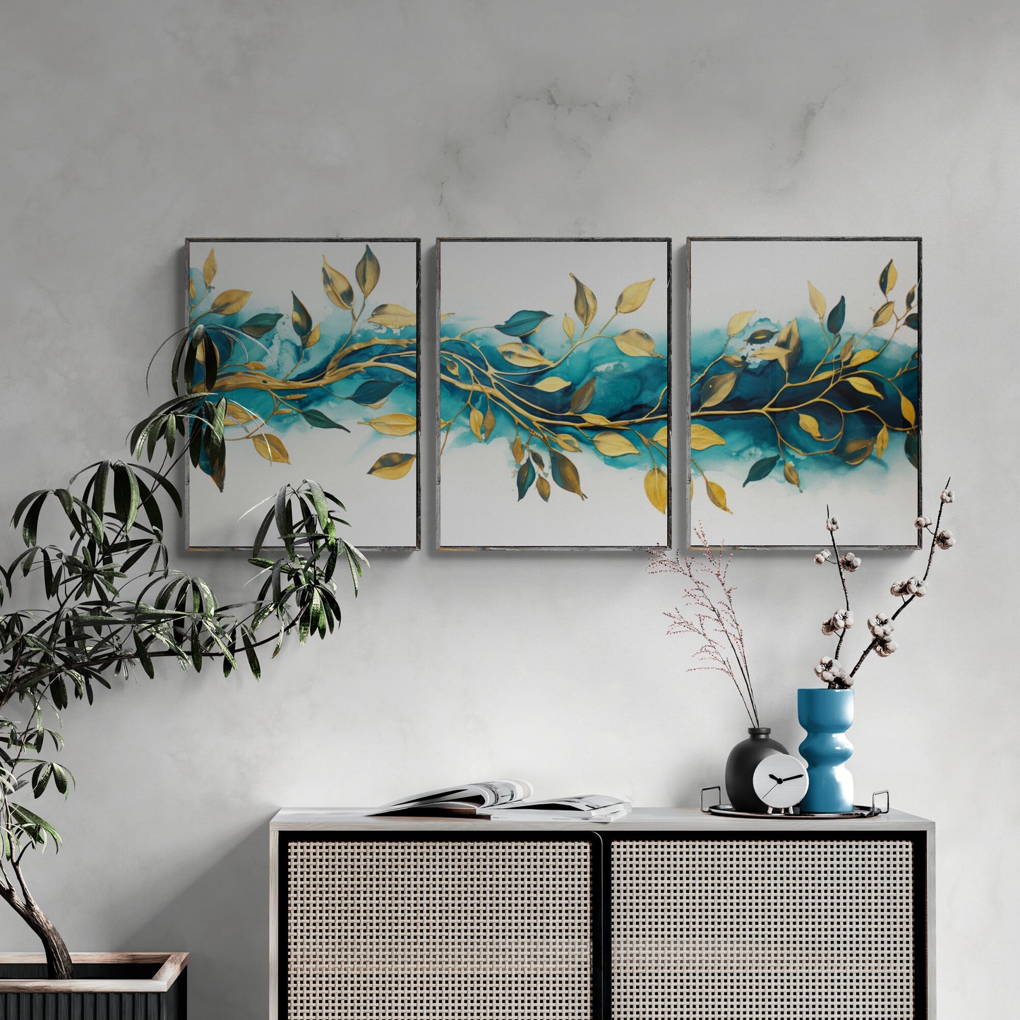 Petrol- und Gold-Wandkunst-Set mit 3 Drucken, abstraktes Petrol-Design auf weißem Hintergrund und goldenen Blättern, Wohnzimmer-Dekorpapier-Posterdrucke