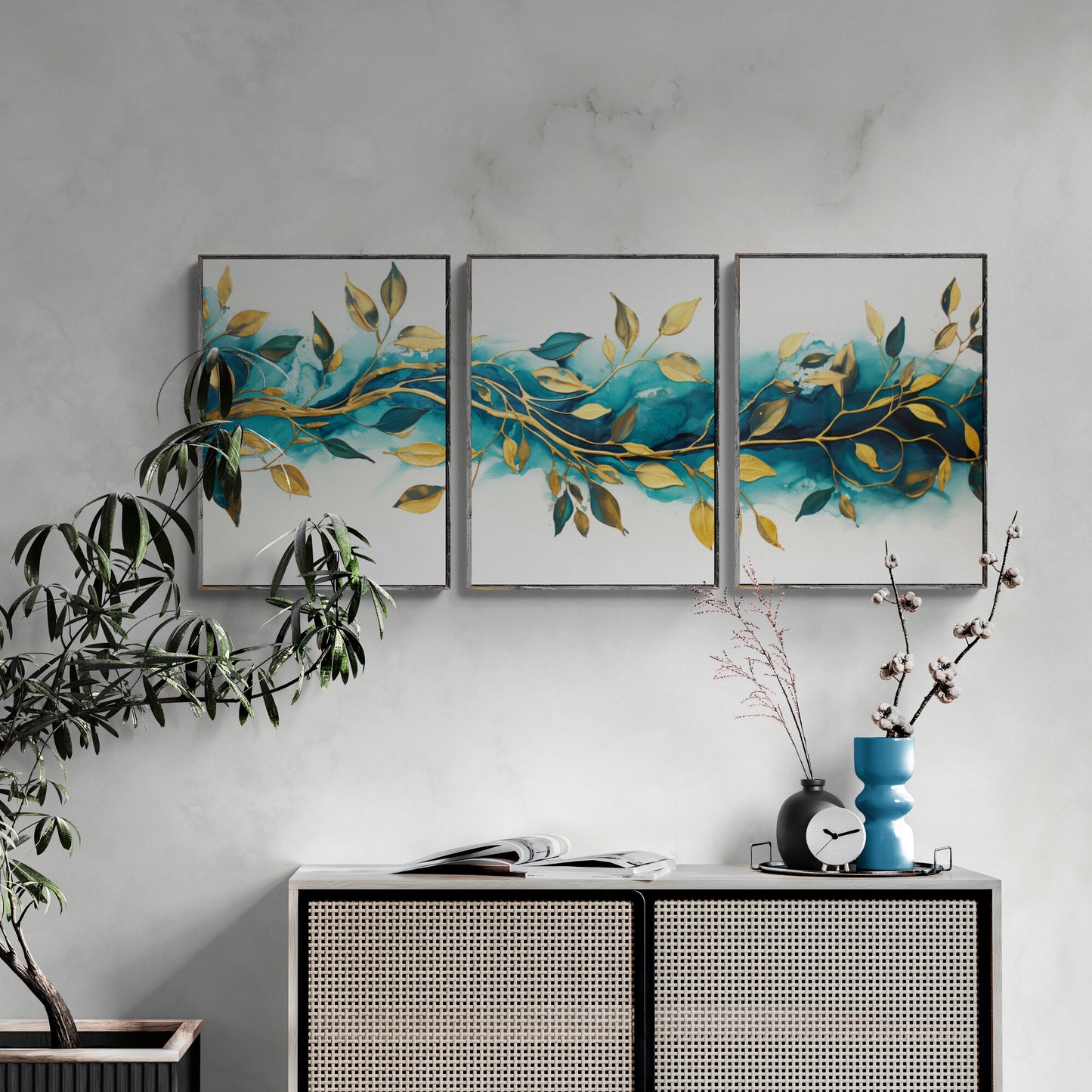 Petrol and Gold Wall Art Set of 3 Prints Abstract Petrol Design on White Background and Golden Leaves Living Room Decor Paper Poster Prints