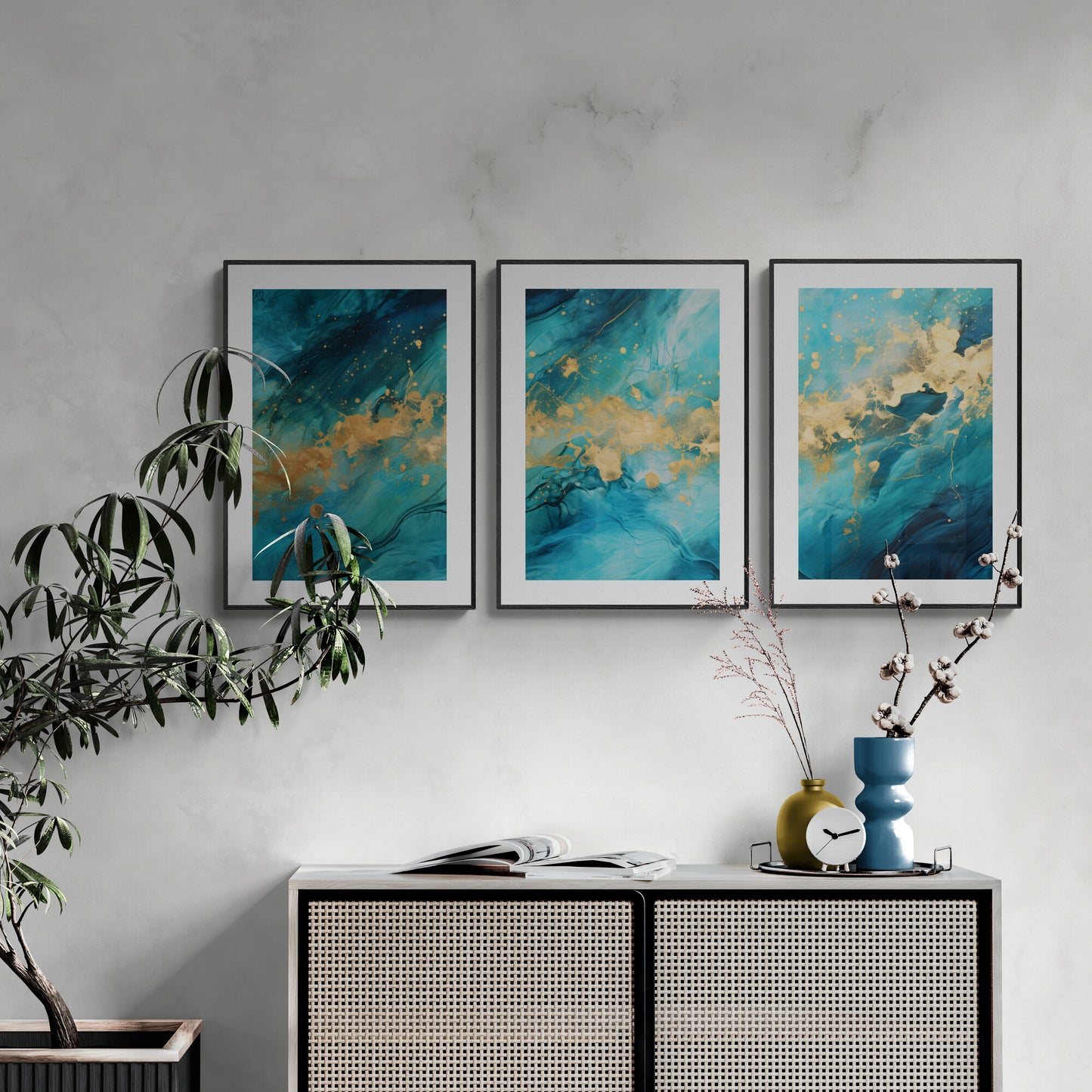 Blaue und goldene Wandkunst, 3er-Set, abstraktes Petrol-Design mit goldener Schlafzimmerkunst, moderne goldene Wandkunst, Triptychondrucke, Papierposterdruck