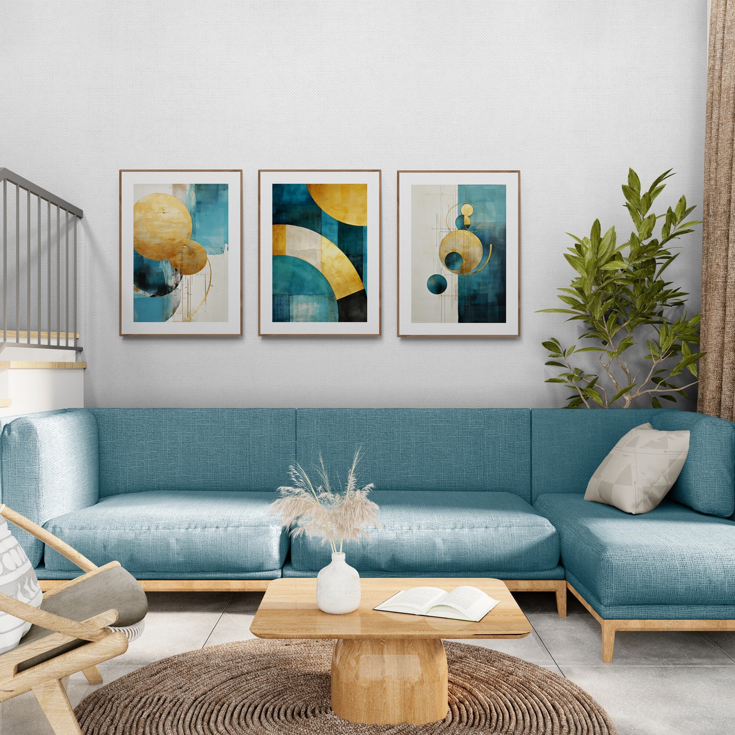 Wandkunst-Set in Petrol und Gold, 3er-Set, abstraktes Petrol-Design mit goldenen runden Formen, Wohnzimmer-Dekoration, Papier-Posterdrucke, minimalistische Kunst