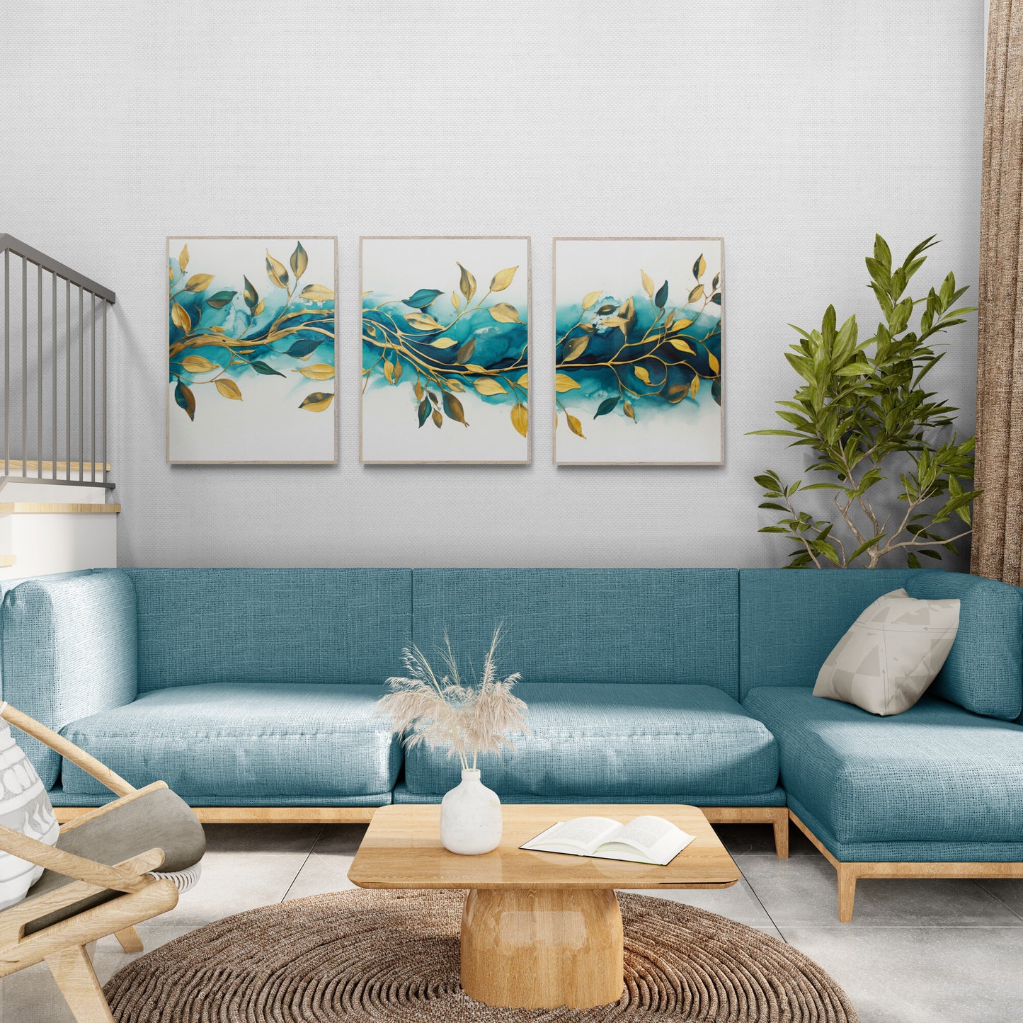 Petrol- und Gold-Wandkunst-Set mit 3 Drucken, abstraktes Petrol-Design auf weißem Hintergrund und goldenen Blättern, Wohnzimmer-Dekorpapier-Posterdrucke