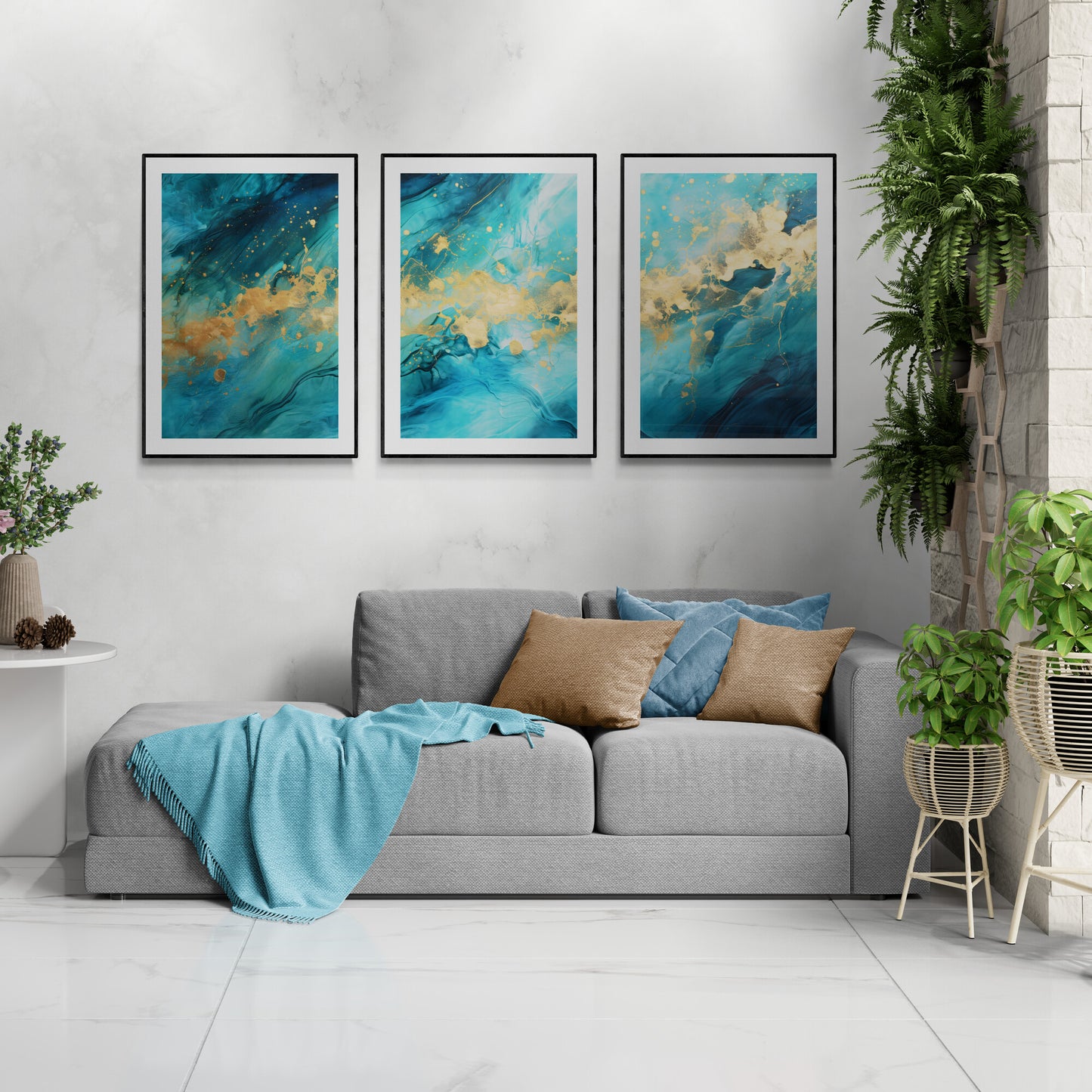 Blaue und goldene Wandkunst, 3er-Set, abstraktes Petrol-Design mit goldener Schlafzimmerkunst, moderne goldene Wandkunst, Triptychondrucke, Papierposterdruck