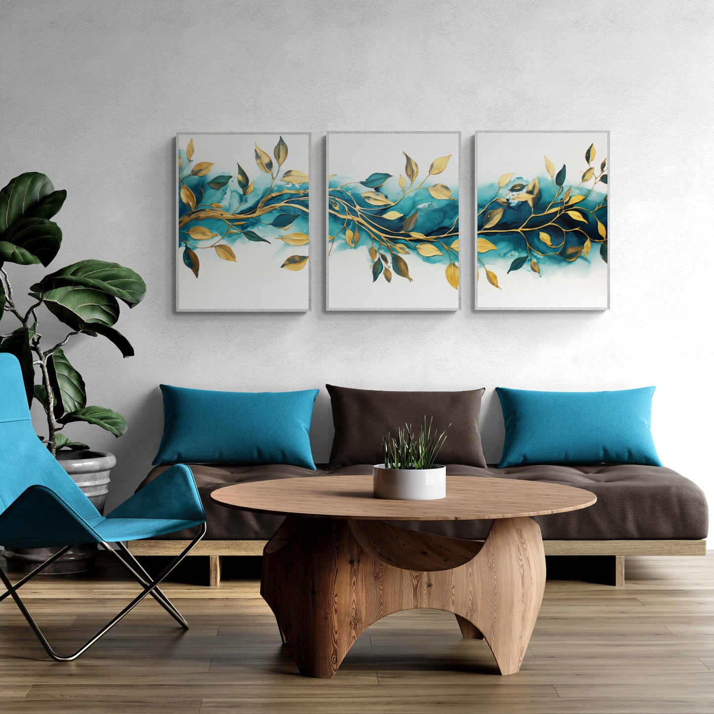 Petrol- und Gold-Wandkunst-Set mit 3 Drucken, abstraktes Petrol-Design auf weißem Hintergrund und goldenen Blättern, Wohnzimmer-Dekorpapier-Posterdrucke