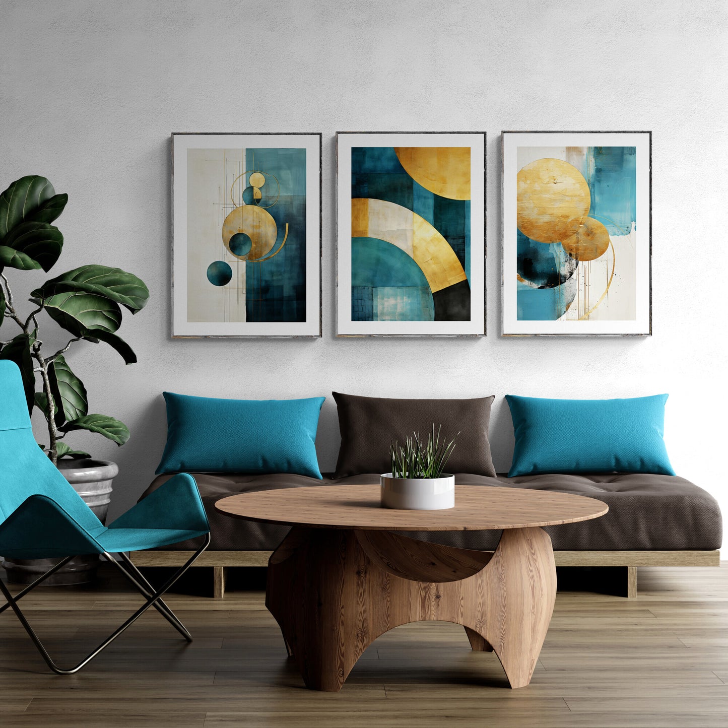 Wandkunst-Set in Petrol und Gold, 3er-Set, abstraktes Petrol-Design mit goldenen runden Formen, Wohnzimmer-Dekoration, Papier-Posterdrucke, minimalistische Kunst
