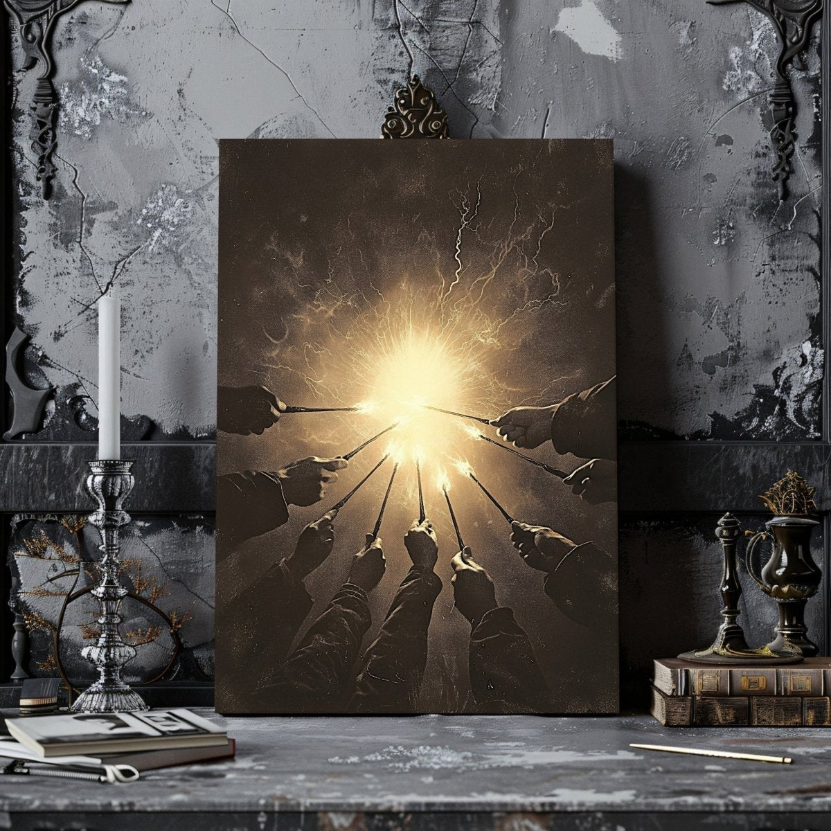 Against the Dark Wizards Ritual Canvas Print – Radiant Magical Energy in Sepia Tones - Everything Pixel