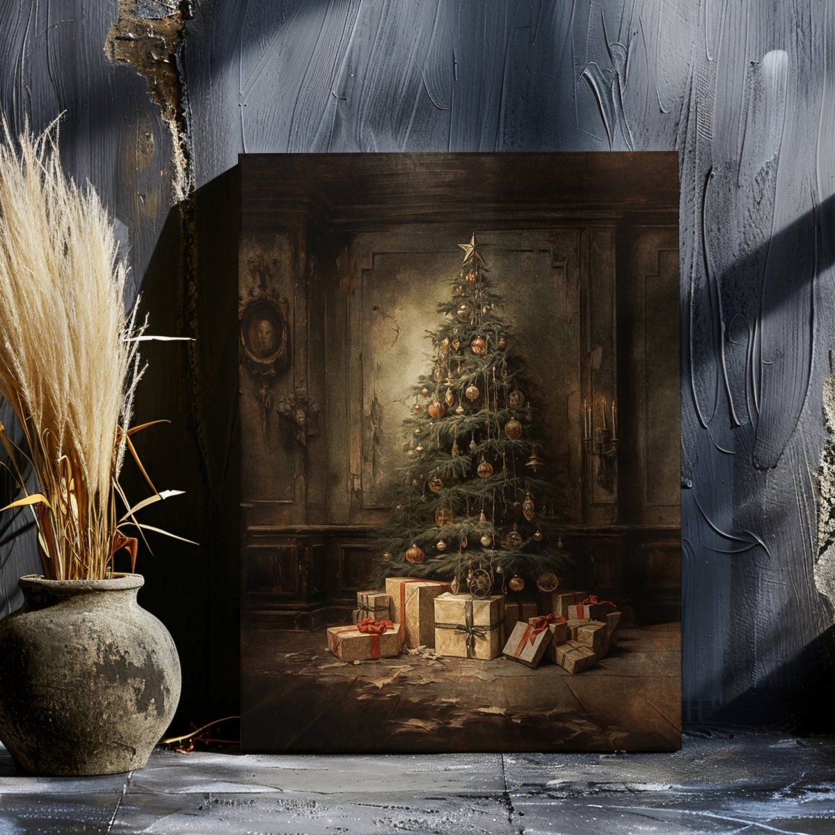 Antique Christmas Tree Canvas Print – Nostalgic Holiday Decor in Moody, Vintage Style - Everything Pixel
