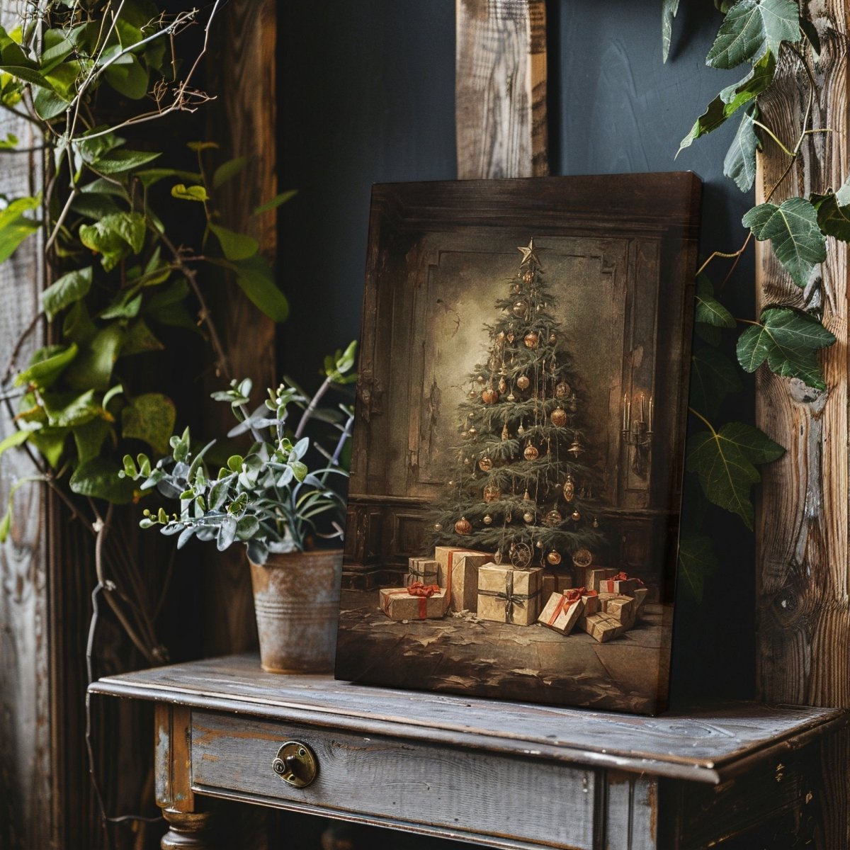 Antique Christmas Tree Canvas Print – Nostalgic Holiday Decor in Moody, Vintage Style - Everything Pixel