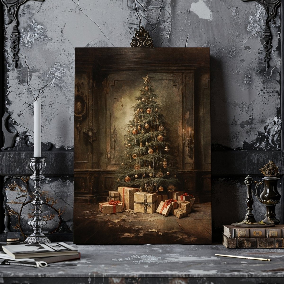 Antique Christmas Tree Canvas Print – Nostalgic Holiday Decor in Moody, Vintage Style - Everything Pixel