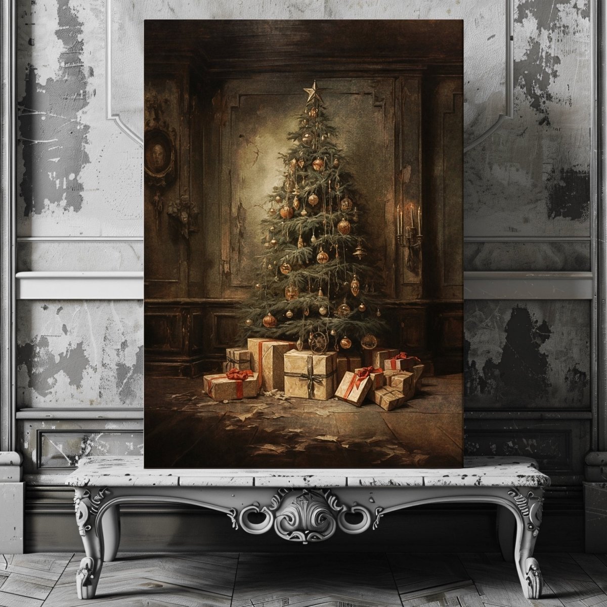 Antique Christmas Tree Canvas Print – Nostalgic Holiday Decor in Moody, Vintage Style - Everything Pixel