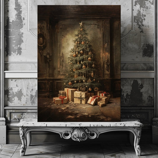 Antique Christmas Tree Canvas Print – Nostalgic Holiday Decor in Moody, Vintage Style - Everything Pixel