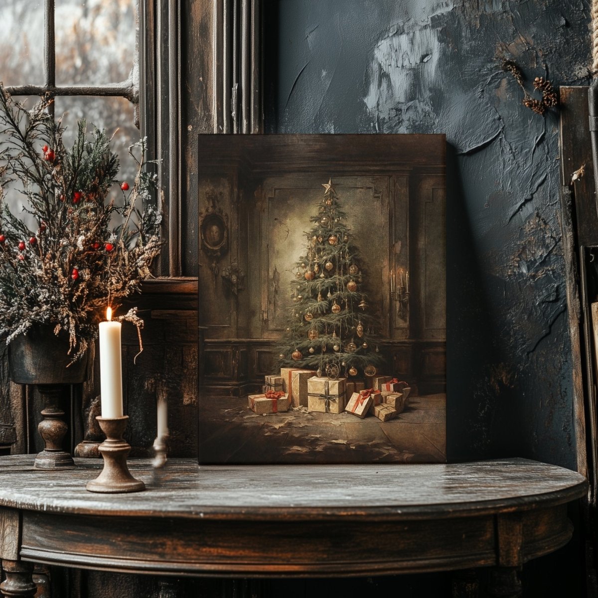 Antique Christmas Tree Canvas Print – Nostalgic Holiday Decor in Moody, Vintage Style - Everything Pixel