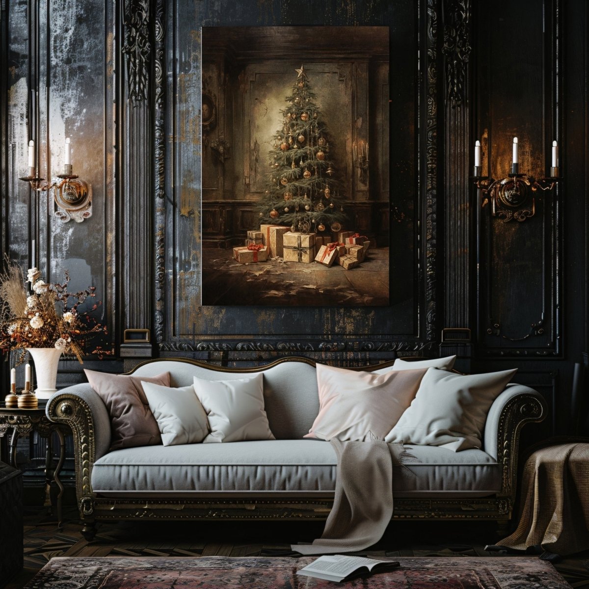 Antique Christmas Tree Canvas Print – Nostalgic Holiday Decor in Moody, Vintage Style - Everything Pixel