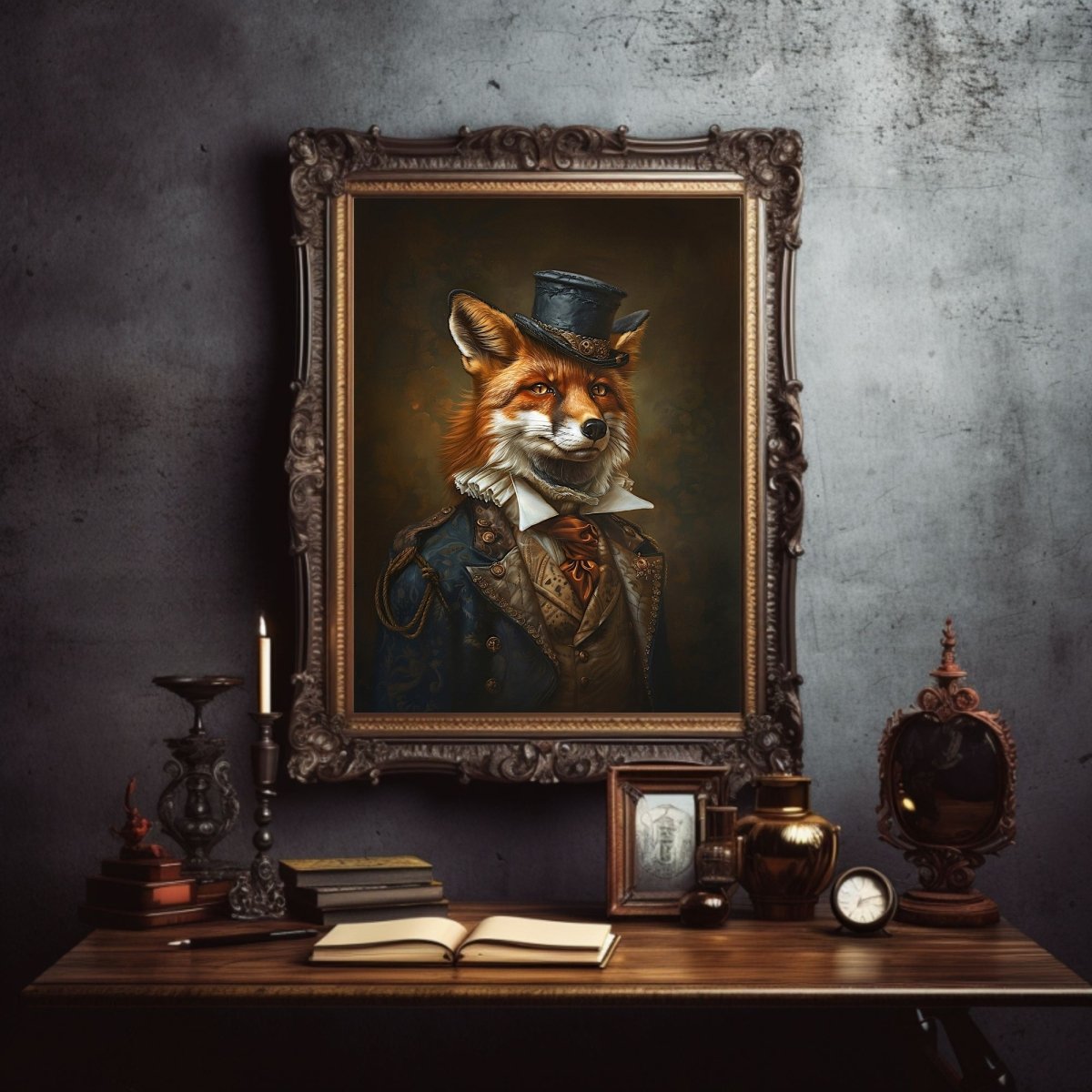 Aristocrat Fox in Victorian Clothes and Cylinder Hat - Quirky Animal Portrait Print - Gothic Wall Art - Everything Pixel
