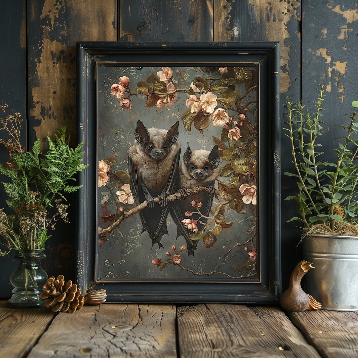 Bat Couple on Branch with Blooming Flowers - Whimsigoth Decor for Gothic Bat Lovers - Gothic Wall Art Print - Everything Pixel