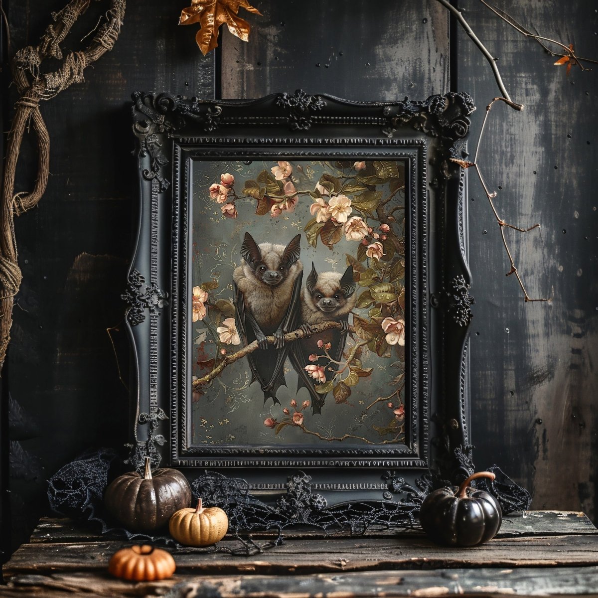 Bat Couple on Branch with Blooming Flowers - Whimsigoth Decor for Gothic Bat Lovers - Gothic Wall Art Print - Everything Pixel