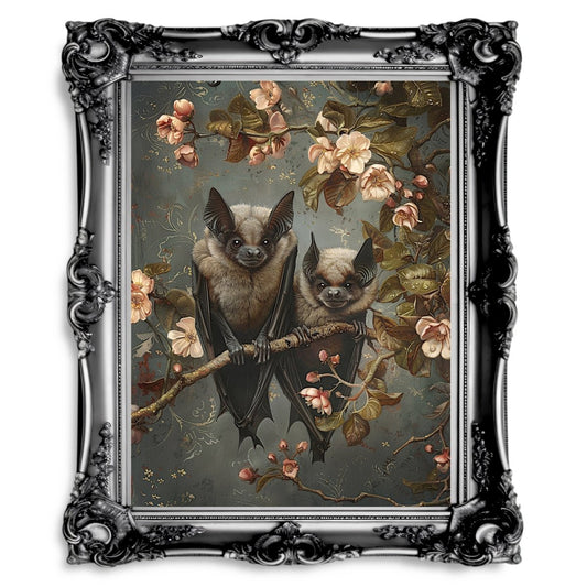 Bat Couple on Branch with Blooming Flowers - Whimsigoth Decor for Gothic Bat Lovers - Gothic Wall Art Print - Everything Pixel
