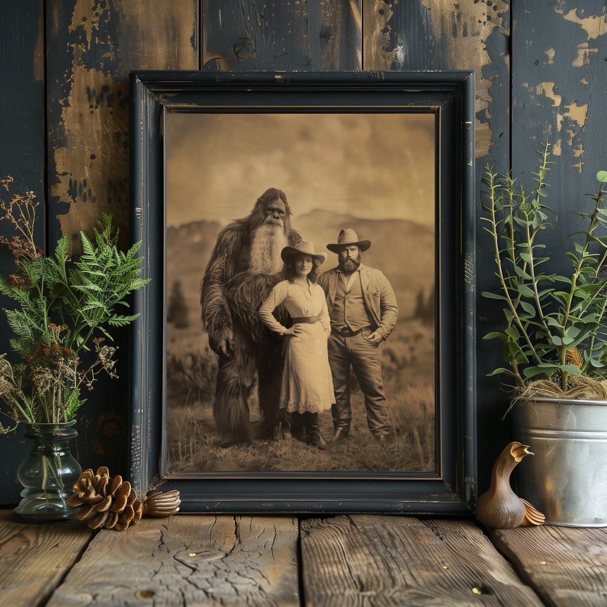 Bigfoot Customizable Wall Art Print – Vintage Photograph Personalised Sasquatch Print - 4 Characters for Face Swap Possible - Everything Pixel