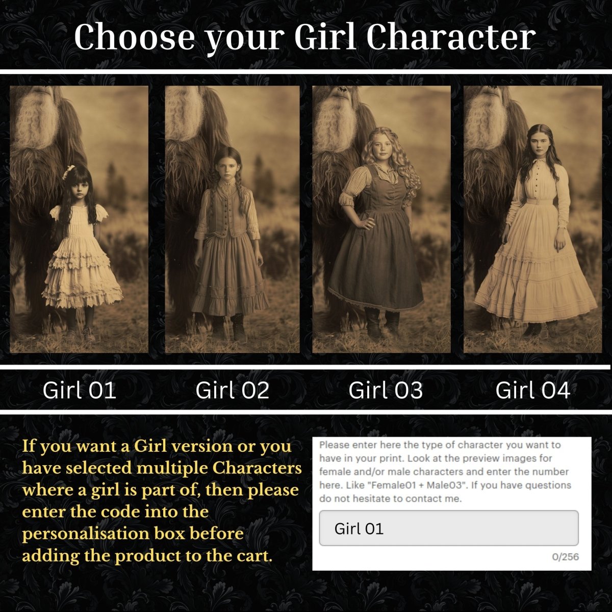 Bigfoot Customizable Wall Art Print – Vintage Photograph Personalised Sasquatch Print - 4 Characters for Face Swap Possible - Everything Pixel