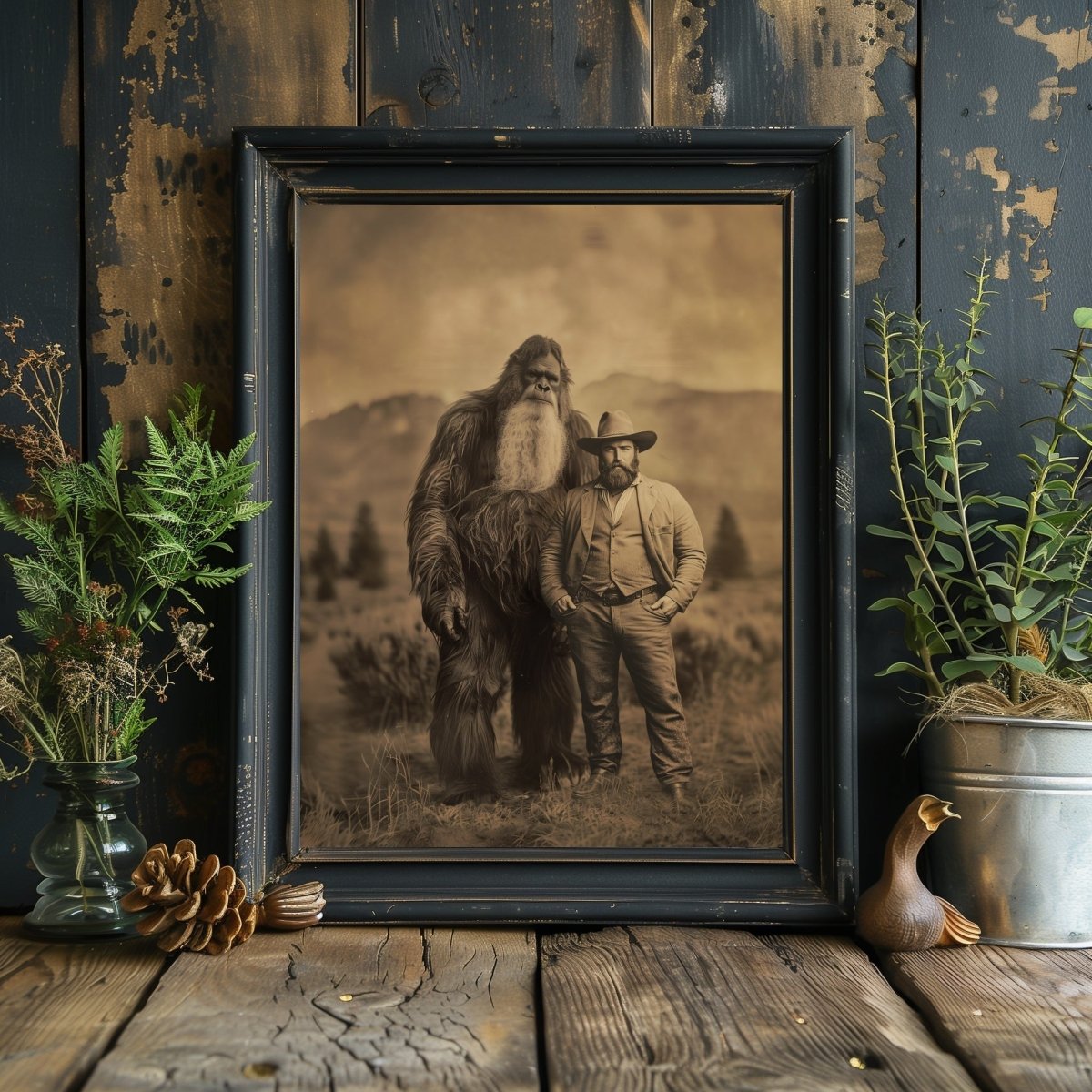 Bigfoot Customizable Wall Art Print – Vintage Photograph Personalised Sasquatch Print - 4 Characters for Face Swap Possible - Everything Pixel