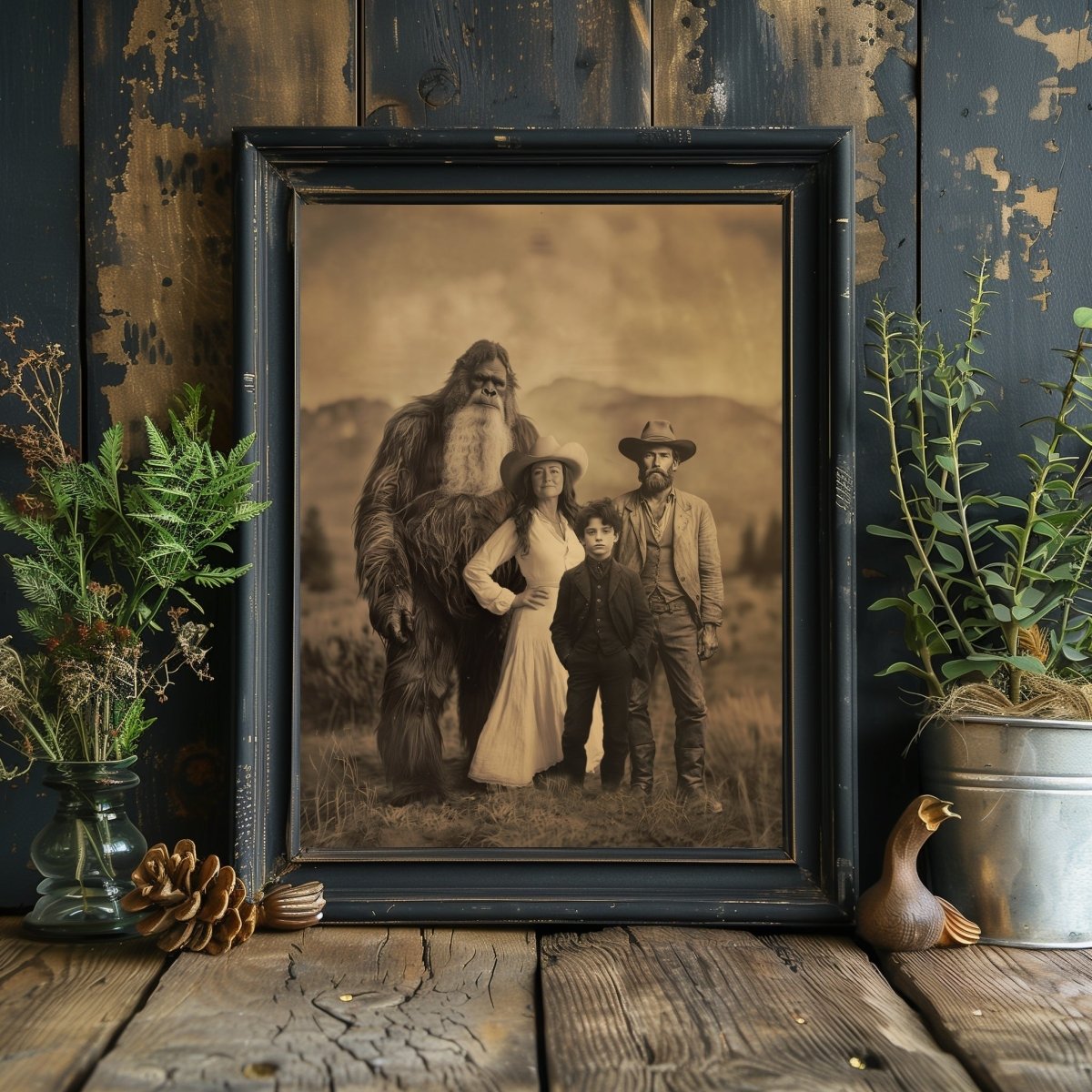 Bigfoot Customizable Wall Art Print – Vintage Photograph Personalised Sasquatch Print - 4 Characters for Face Swap Possible - Everything Pixel