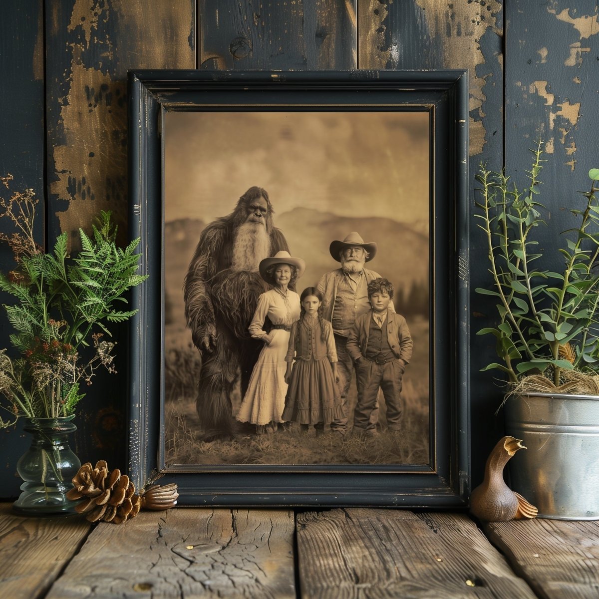 Bigfoot Customizable Wall Art Print – Vintage Photograph Personalised Sasquatch Print - 4 Characters for Face Swap Possible - Everything Pixel