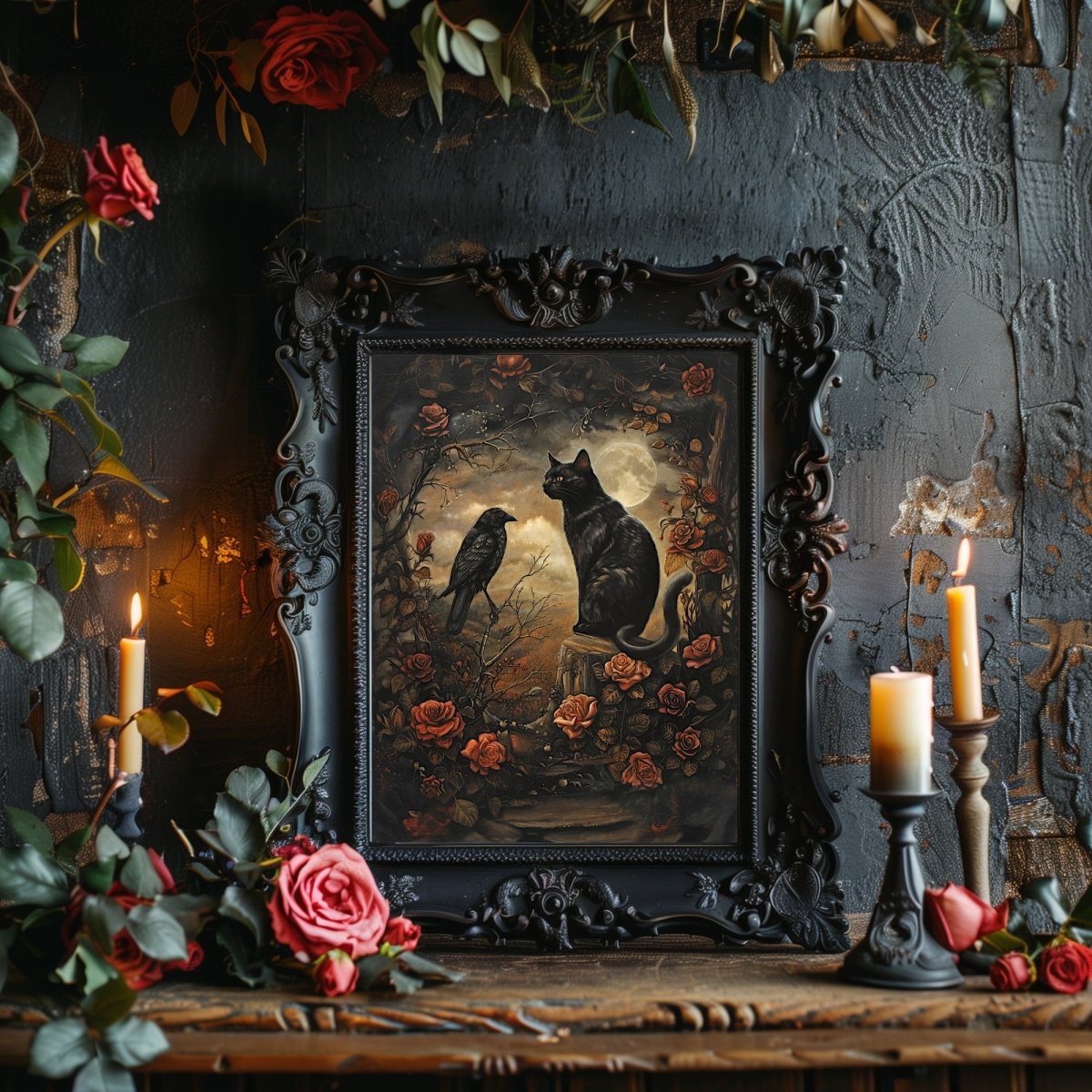 Black Cat and Raven in Rose Forest with Full Moon - Gothic Wall Art Print - Everything Pixel