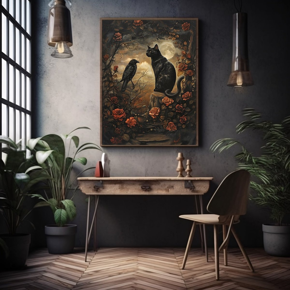Black Cat and Raven in Rose Forest with Full Moon - Gothic Wall Art Print - Everything Pixel