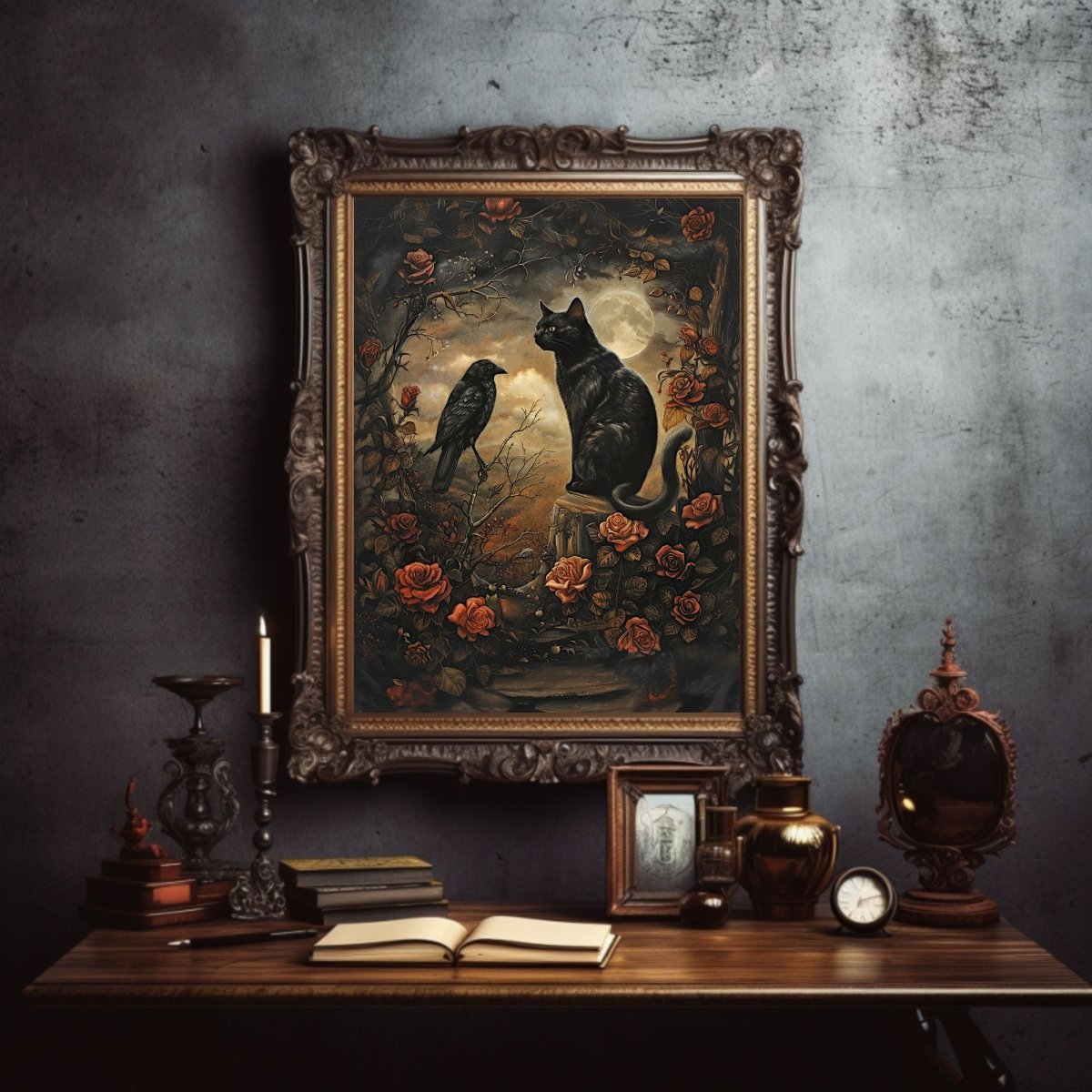 Black Cat and Raven in Rose Forest with Full Moon - Gothic Wall Art Print - Everything Pixel