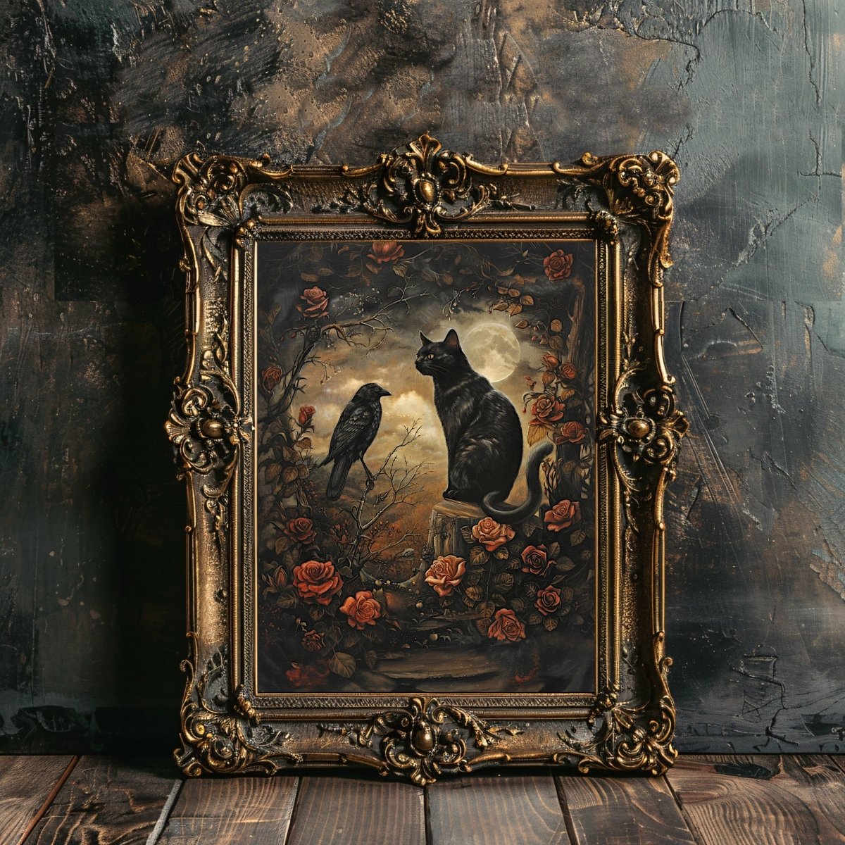 Black Cat and Raven in Rose Forest with Full Moon - Gothic Wall Art Print - Everything Pixel