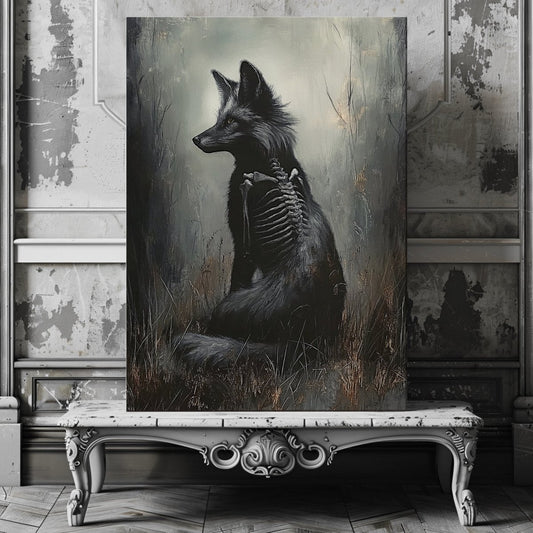 Black Fox Canvas Print – Mystical Gothic Artwork with Skeletal and Woodland Details - Everything Pixel