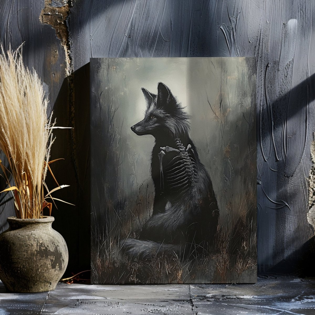 Black Fox Canvas Print – Mystical Gothic Artwork with Skeletal and Woodland Details - Everything Pixel
