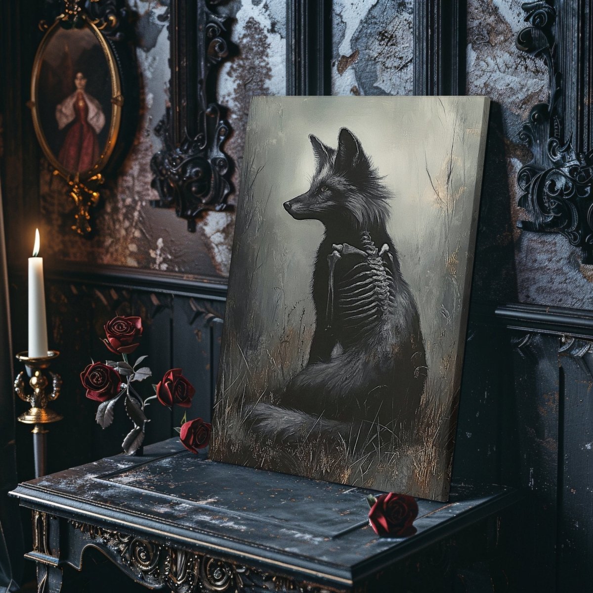 Black Fox Canvas Print – Mystical Gothic Artwork with Skeletal and Woodland Details - Everything Pixel