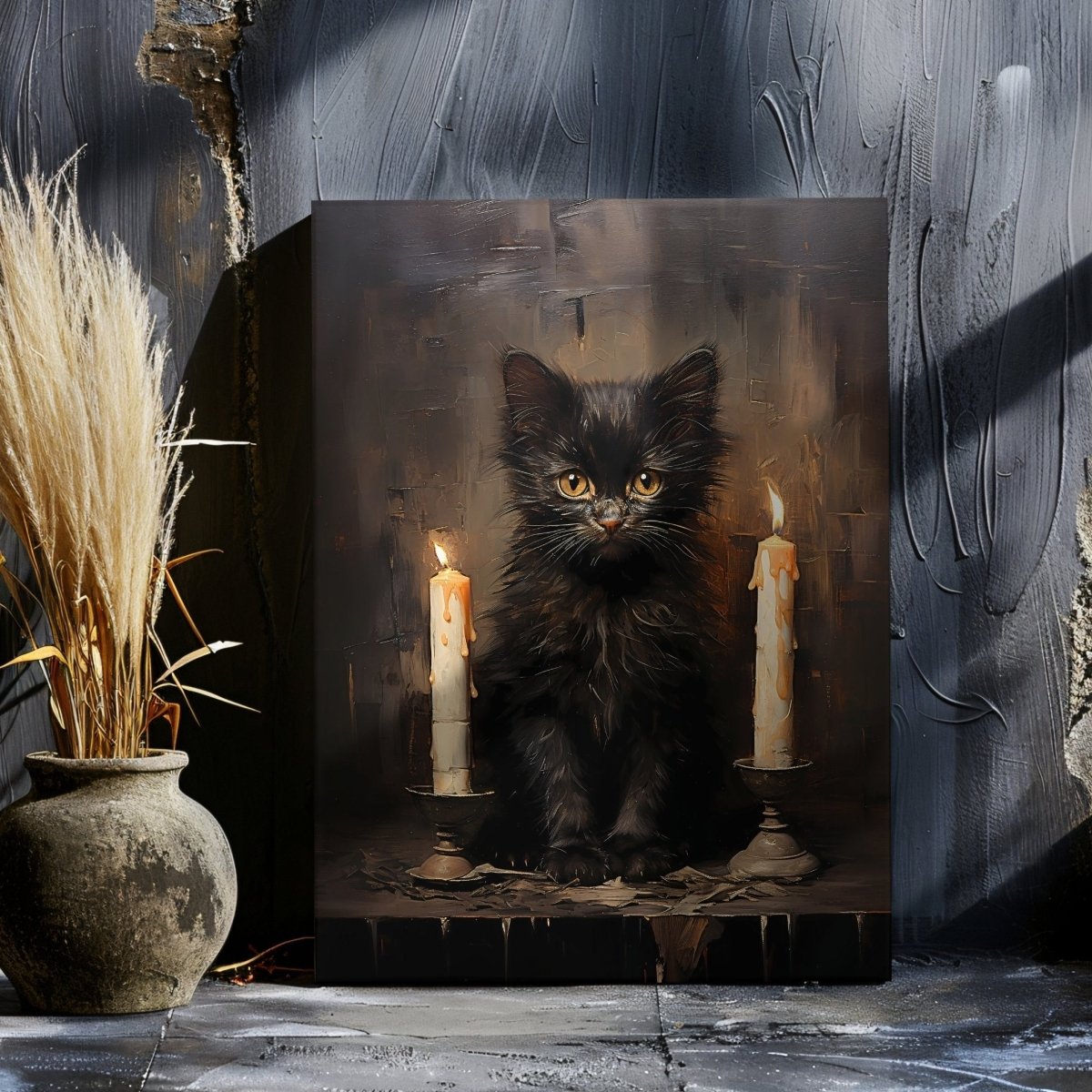 Black Kitten with Candlelight Canvas Print - Gothic Decor, Vintage Halloween - Everything Pixel