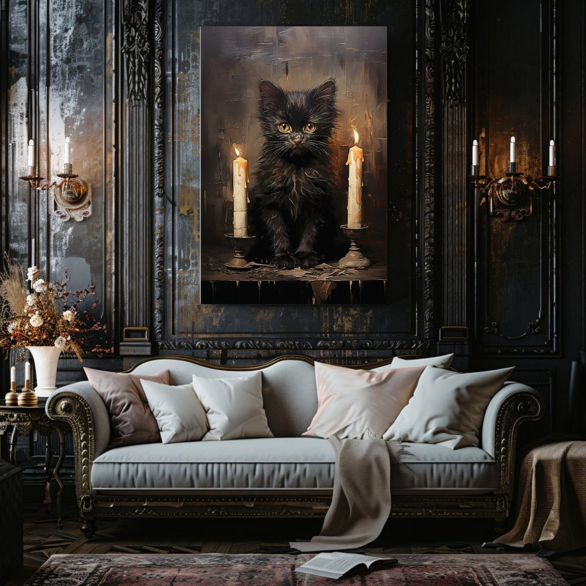 Black Kitten with Candlelight Canvas Print - Gothic Decor, Vintage Halloween - Everything Pixel