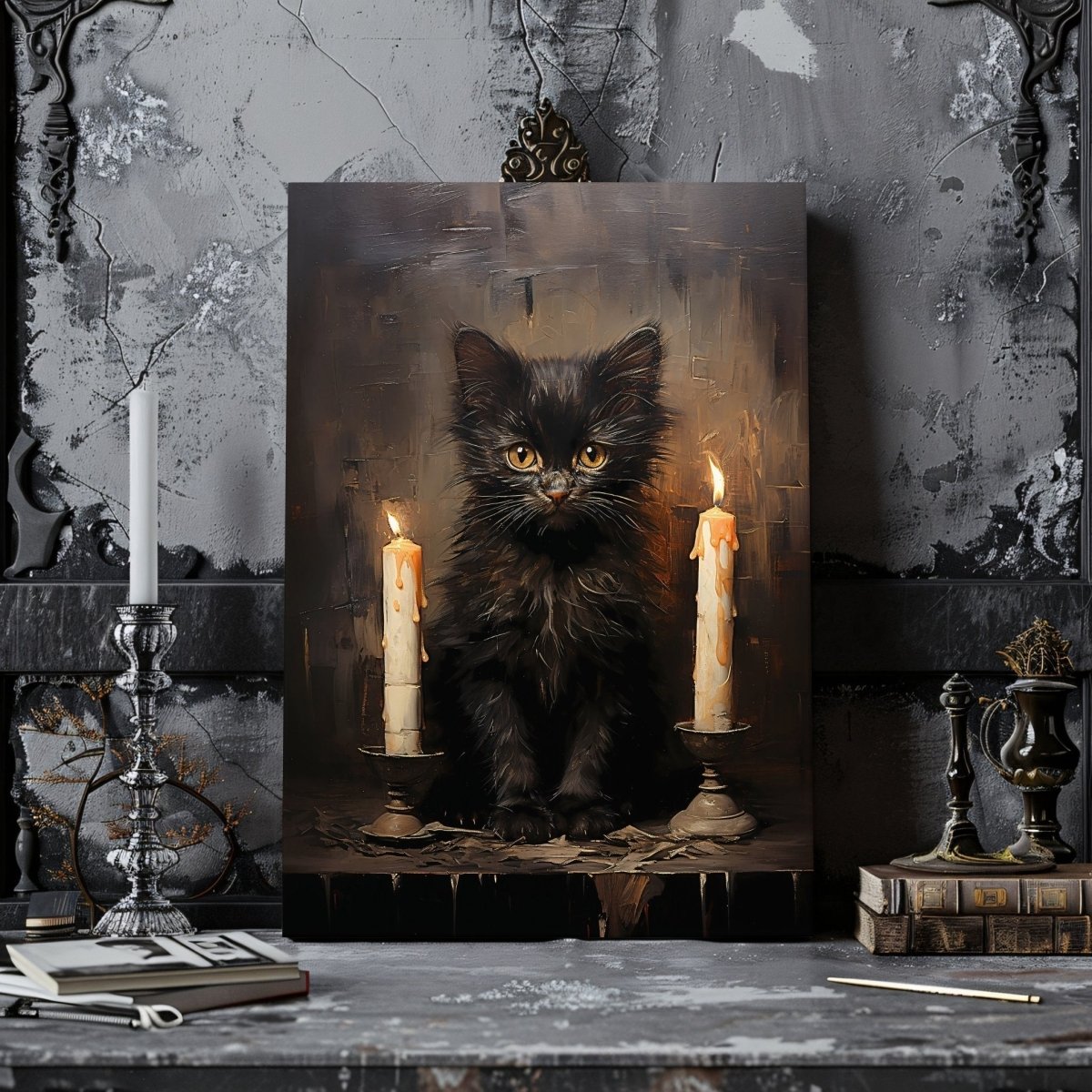 Black Kitten with Candlelight Canvas Print - Gothic Decor, Vintage Halloween - Everything Pixel