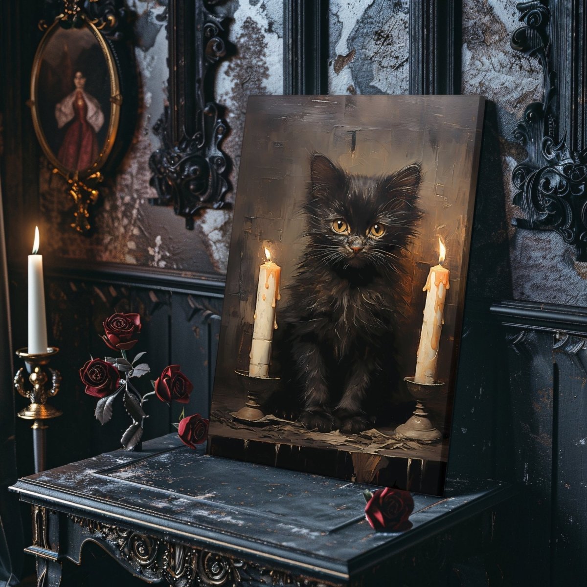 Black Kitten with Candlelight Canvas Print - Gothic Decor, Vintage Halloween - Everything Pixel