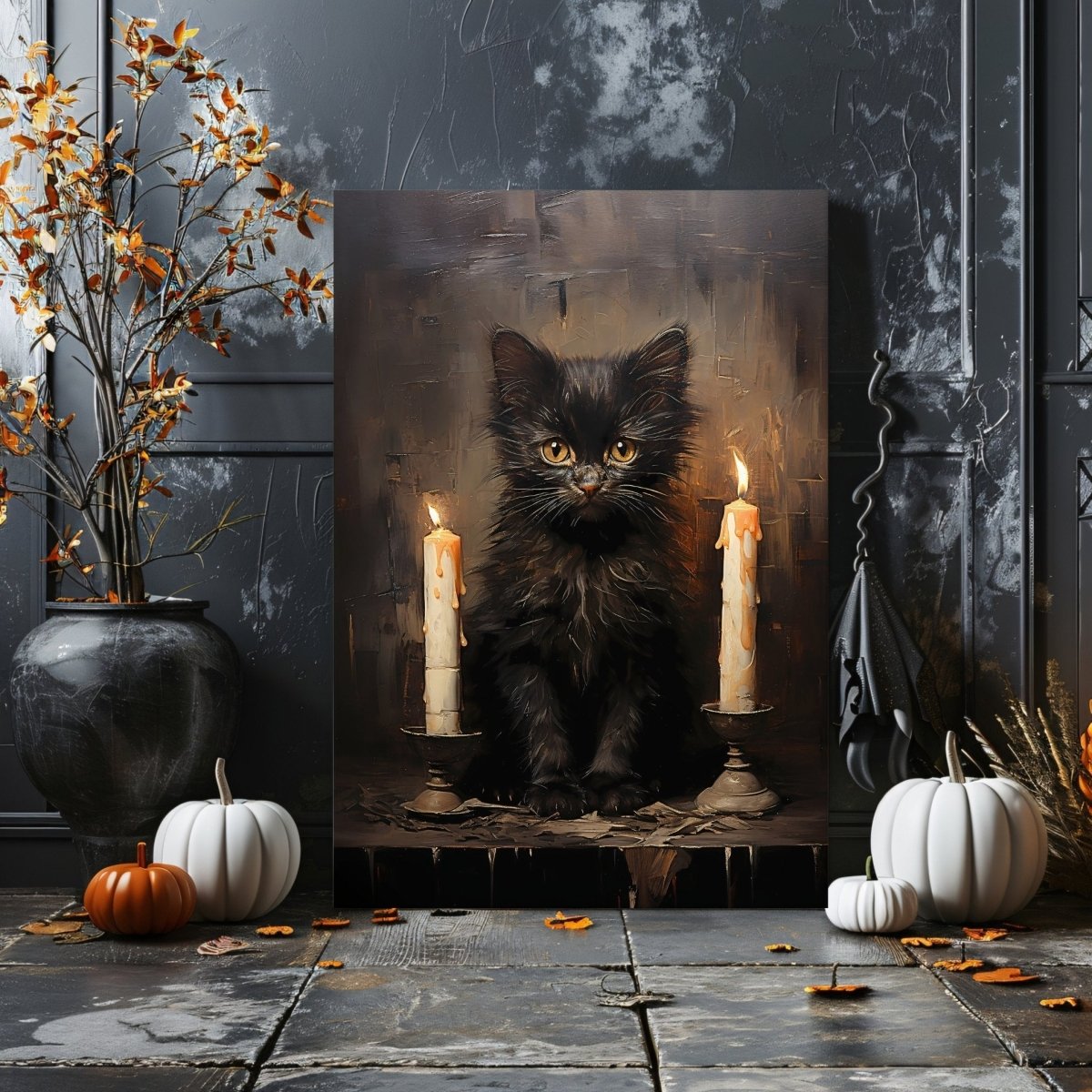 Black Kitten with Candlelight Canvas Print - Gothic Decor, Vintage Halloween - Everything Pixel